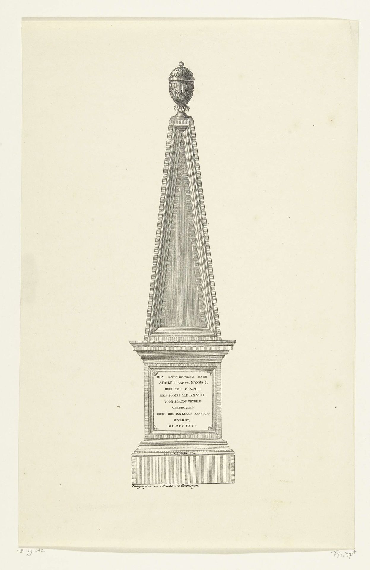 Het monument voor Adolf graaf van Nassau, gesneuveld tijdens de slag bij Heiligerlee, opgericht in 1826 by Jan Oomkens