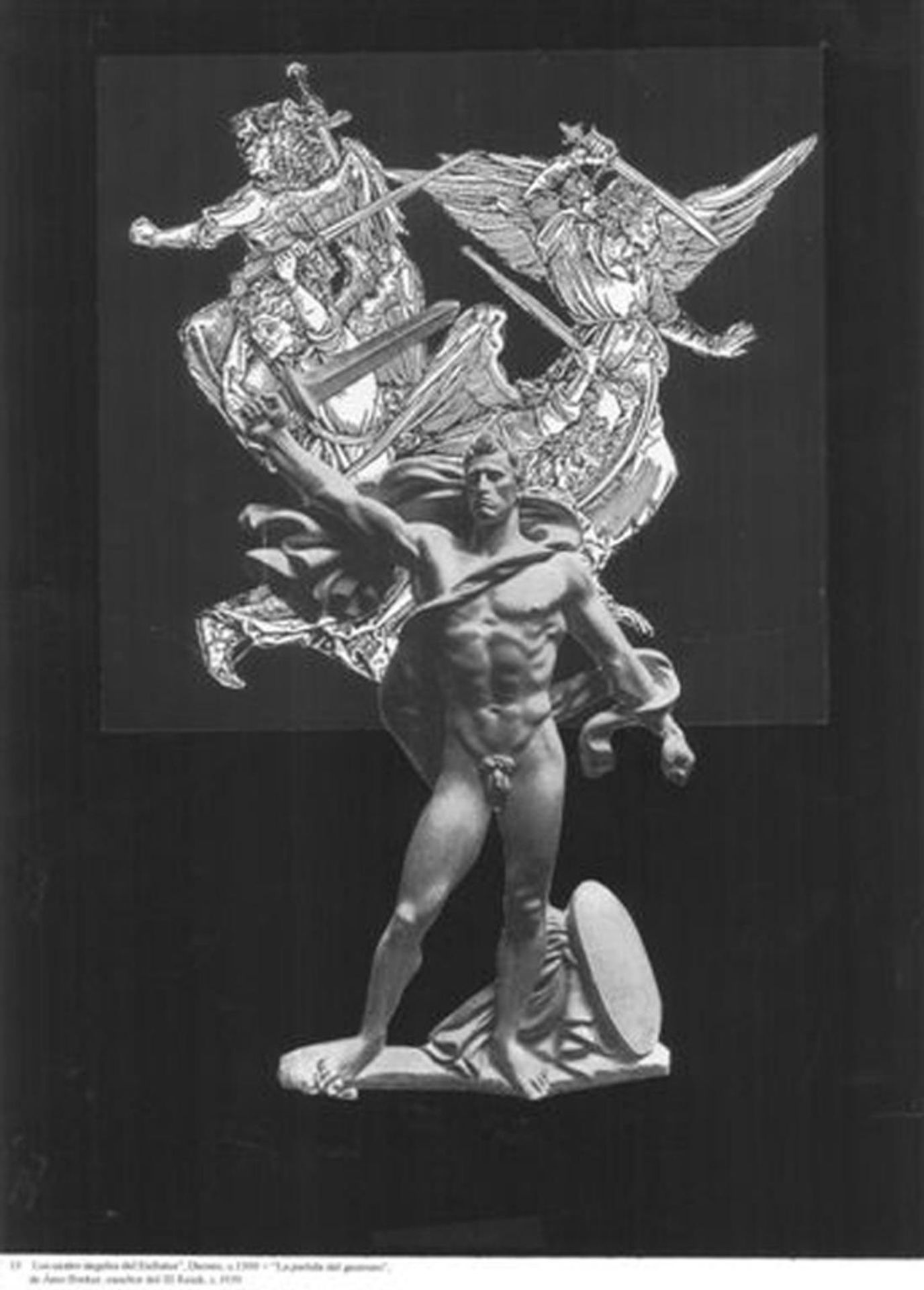 ‘The Four Avenging Angels of Euphrates’, Dürer, c. 1500 + ‘The Departure of the Warrior’, by Amo Broker, Sculptor from the Third Reich, c. 1939 by  León Ferrari