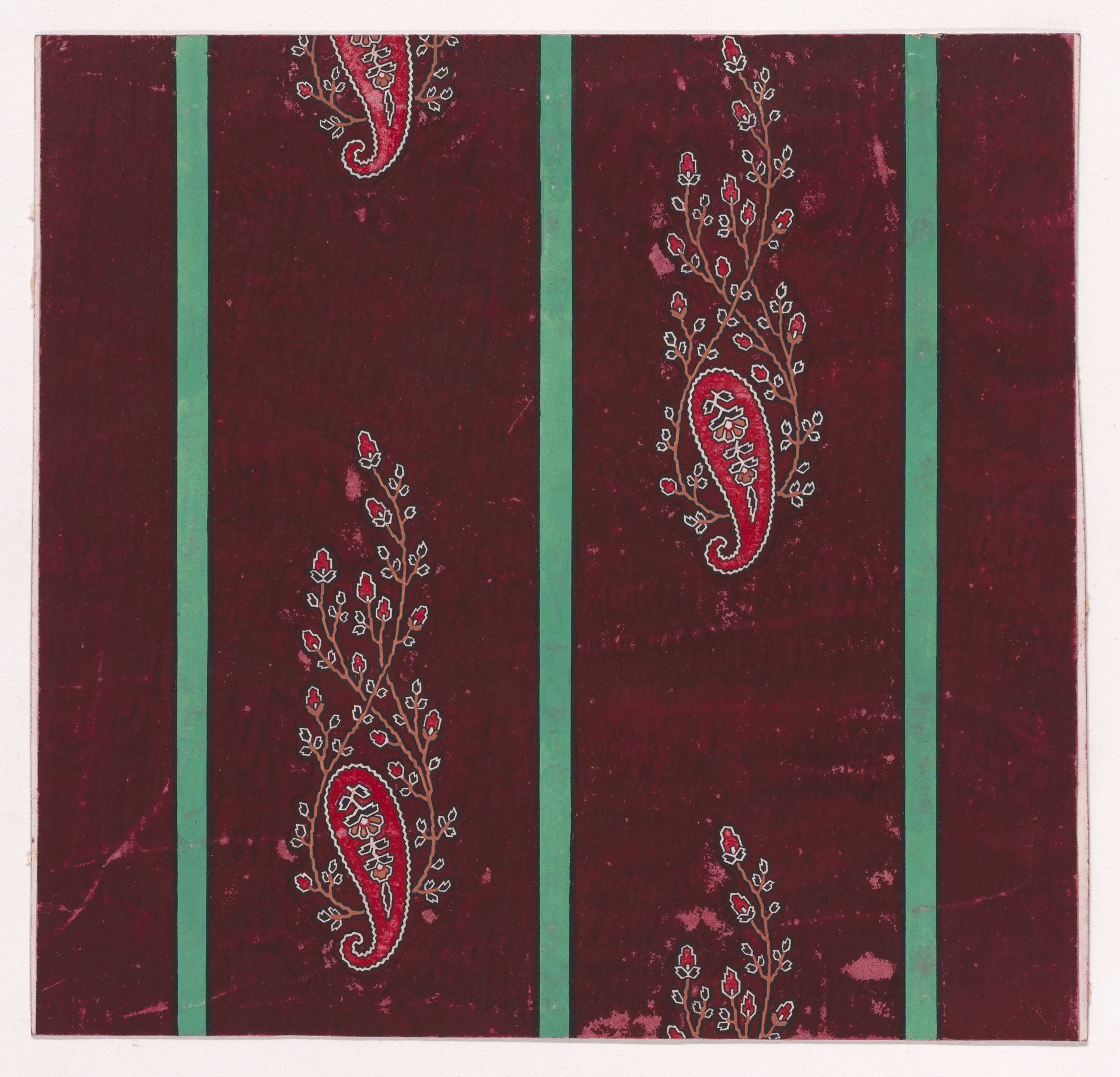 Textile Design with Vertical Rows of Paisley Motifs Flanked by Interlacing Branches with Stylized Flowers and Leaves Separated by Stripes by Anonymous