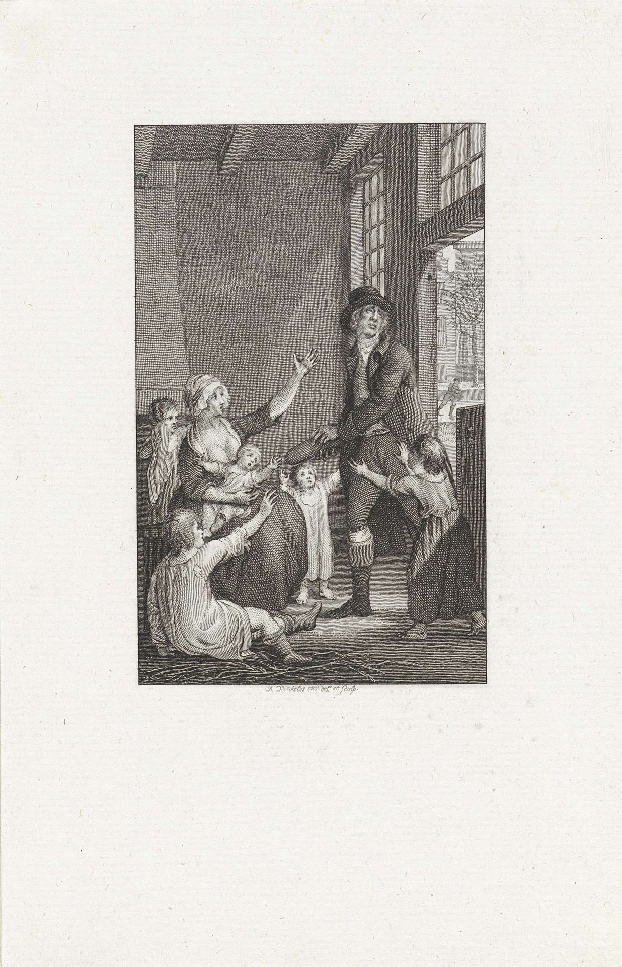 Man met een brood bij een arme moeder met kinderen by Reinier Vinkeles