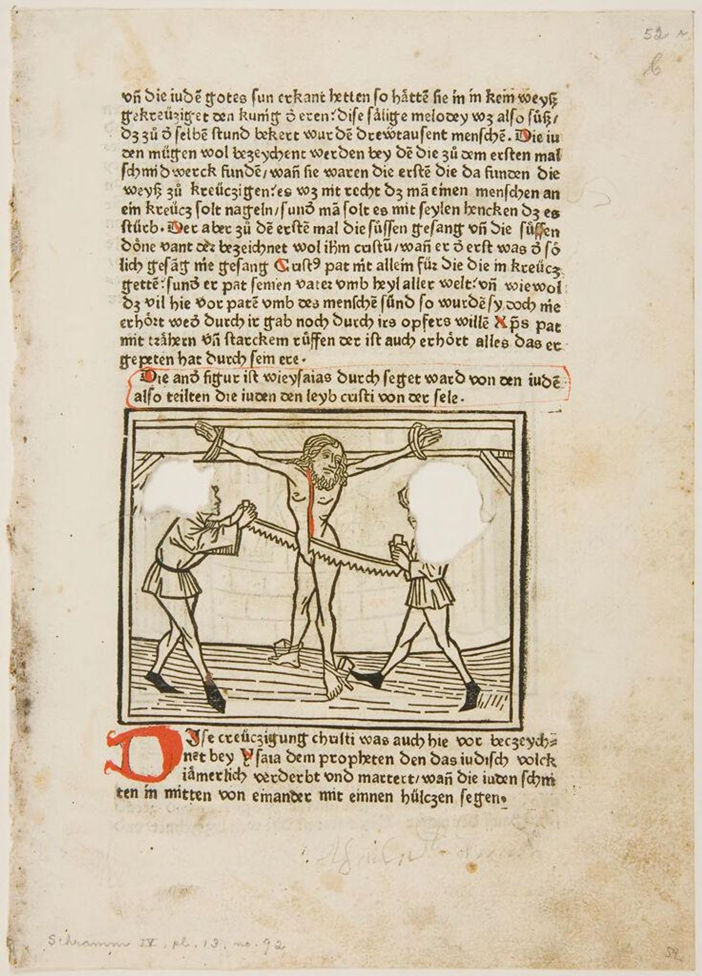 Isaiah divided by a wooden saw; verso: Moab sacrificing the King of Edom's son by Anonymous