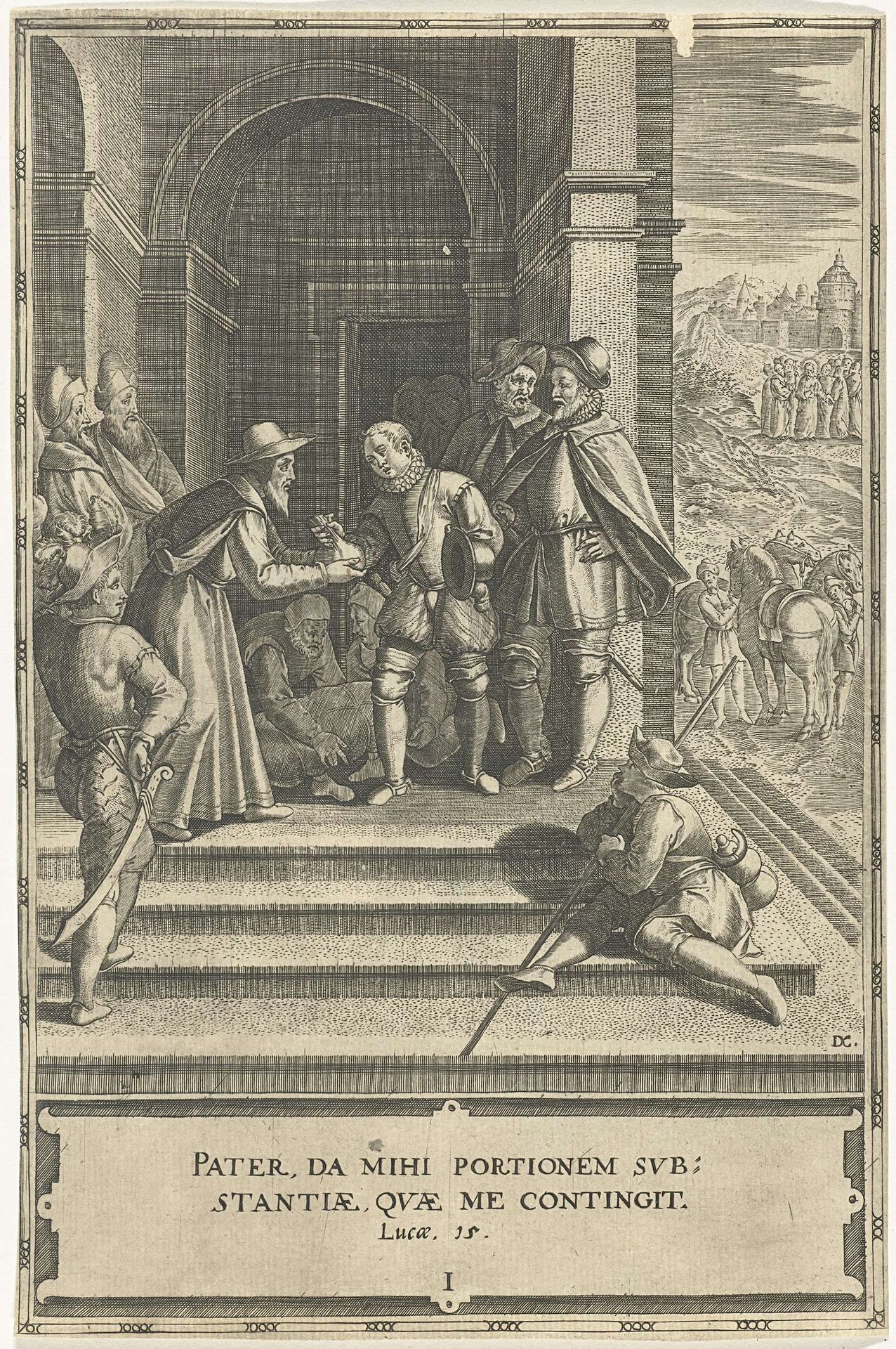Gelijkenis van de Verloren Zoon: de derde zoon krijgt zijn deel van de erfenis uitbetaald by Dominicus Custos