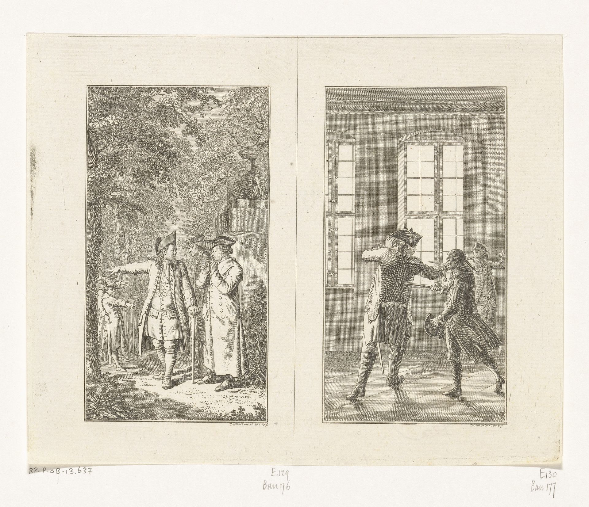 Twee scènes uit Sebaldus Nothanker by Daniel Nikolaus Chodowiecki