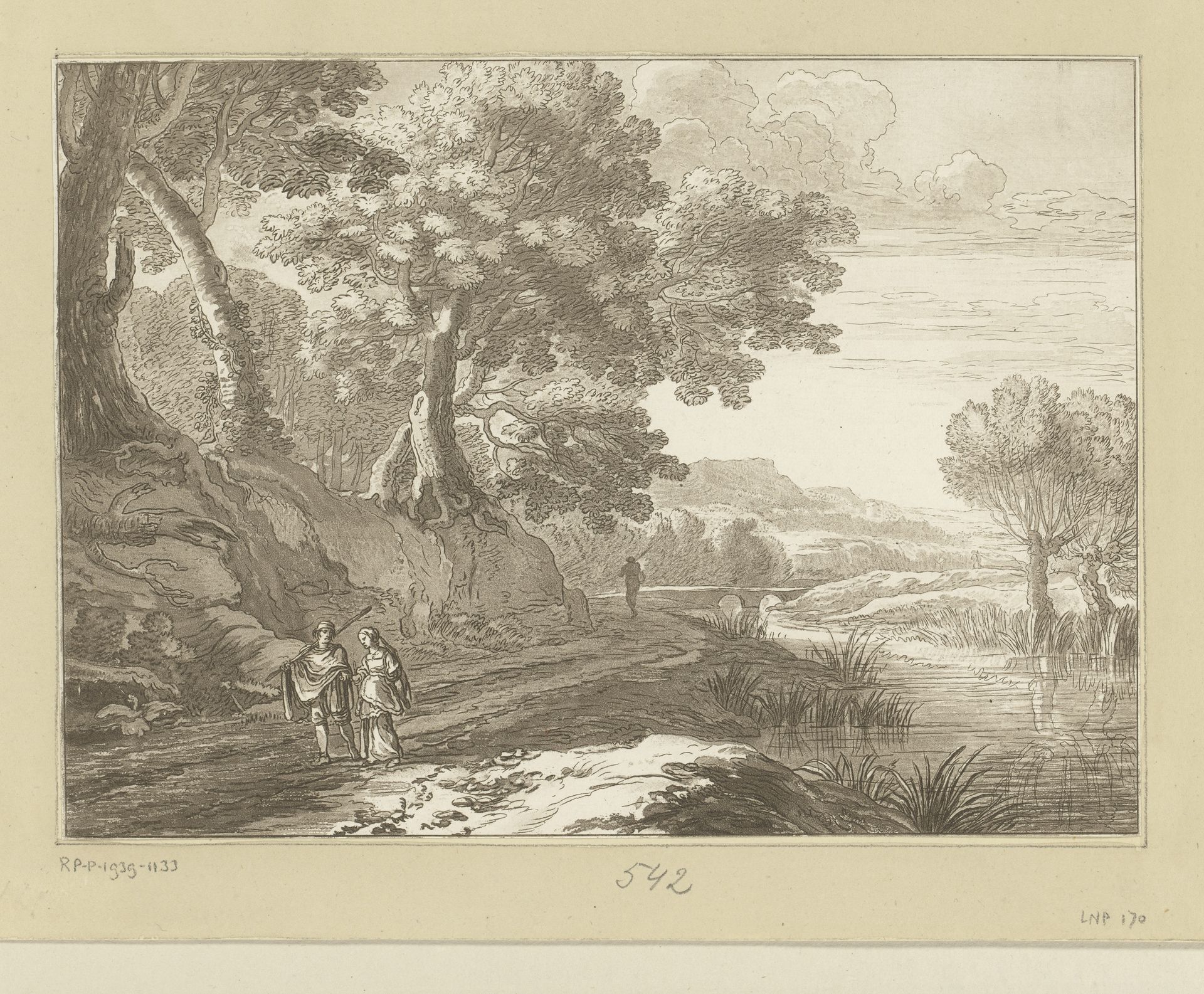Italianiserend landschap met drie wandelaars by Cornelis Brouwer