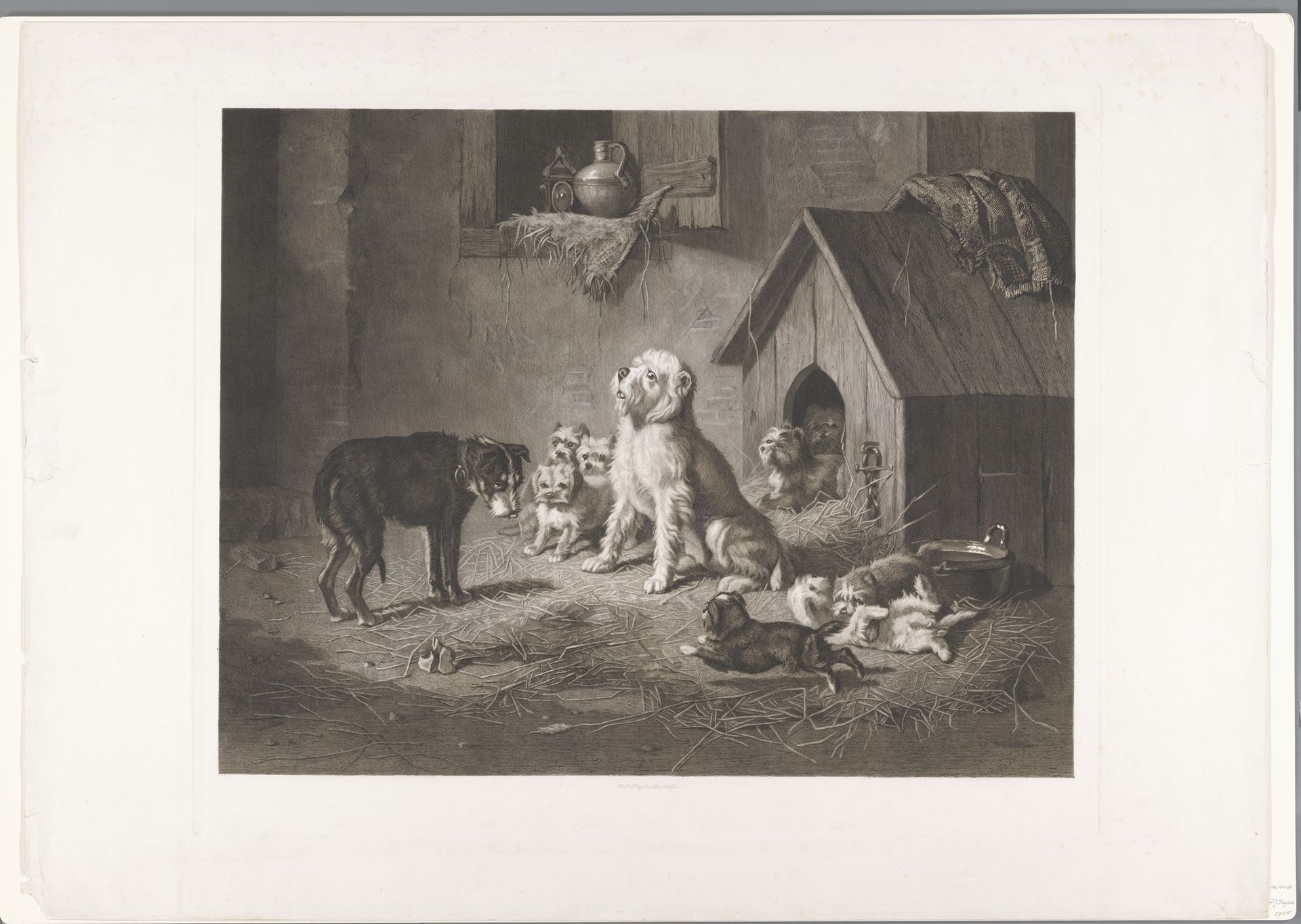 Tien honden in en voor een hondenhok by Dirk Jurriaan Sluyter