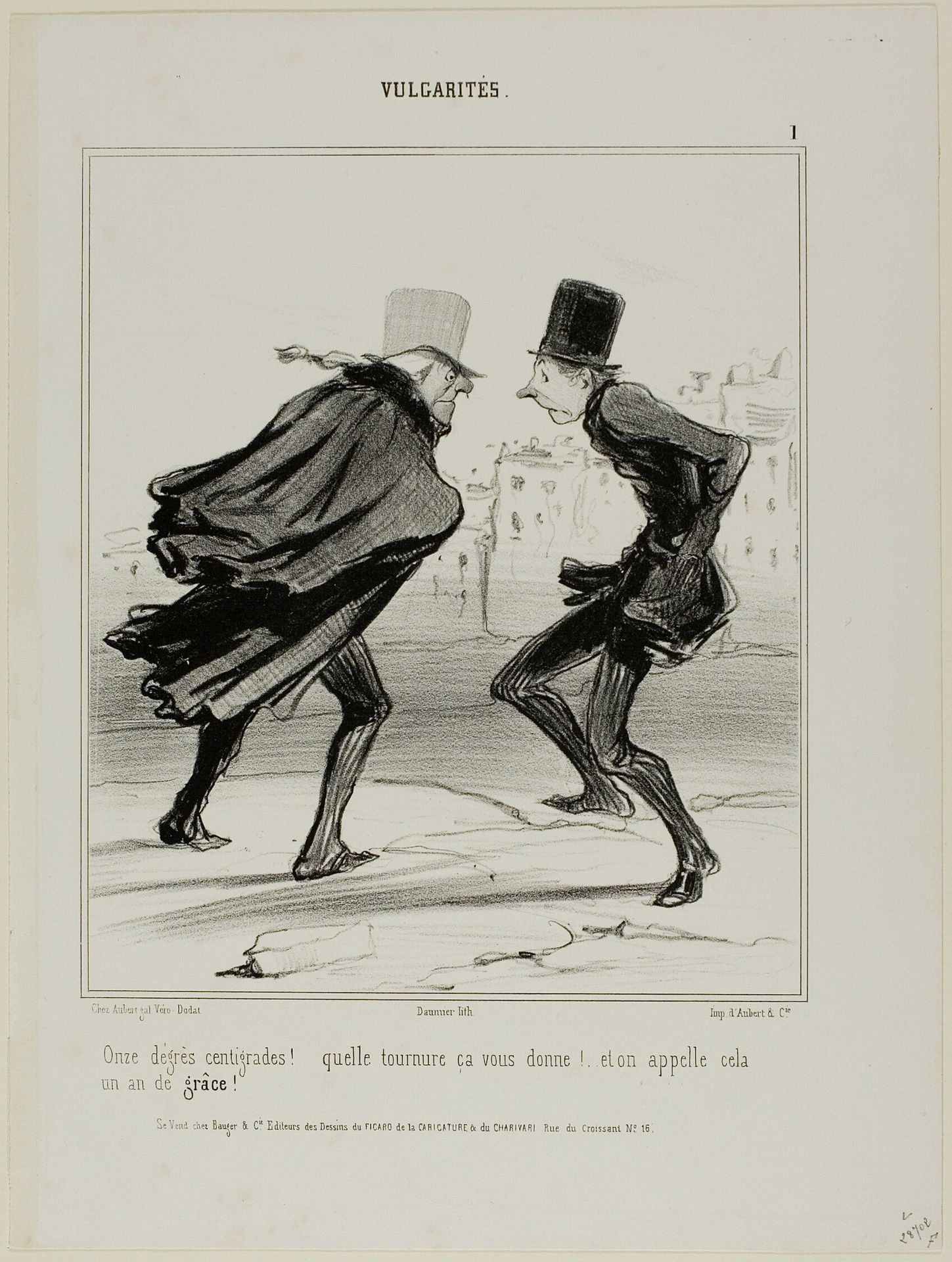 “Eleven degrees centigrade! Look at how it makes you look! And this is called the year of grace!,” plate 1 from Vulgarités by Honoré Daumier