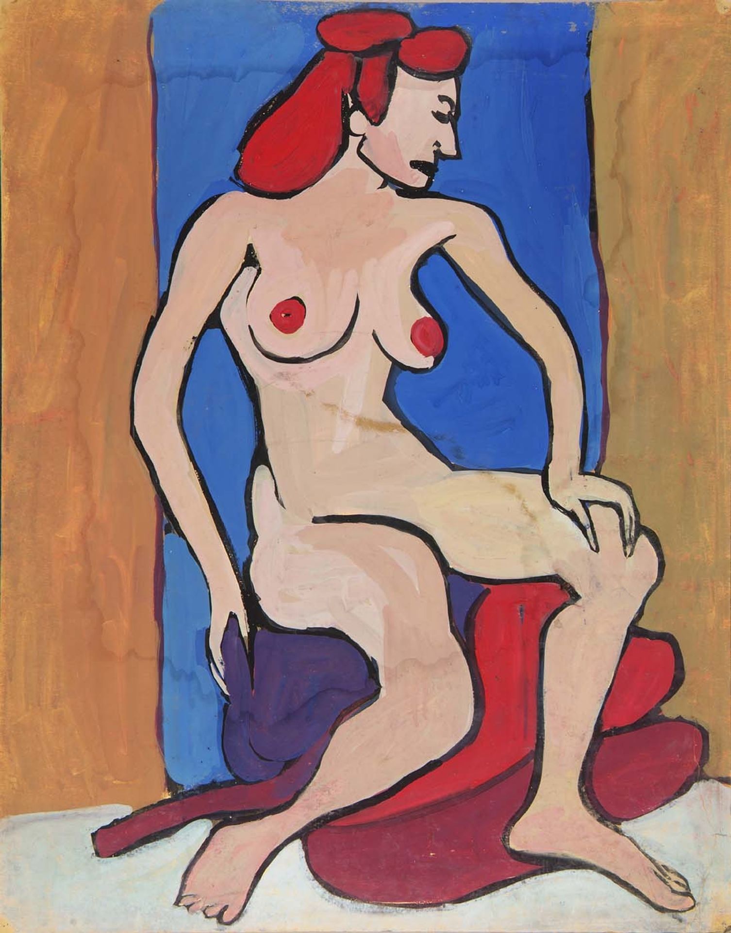 Female Nude with Red Hair Seated on Pillows by William H. Johnson