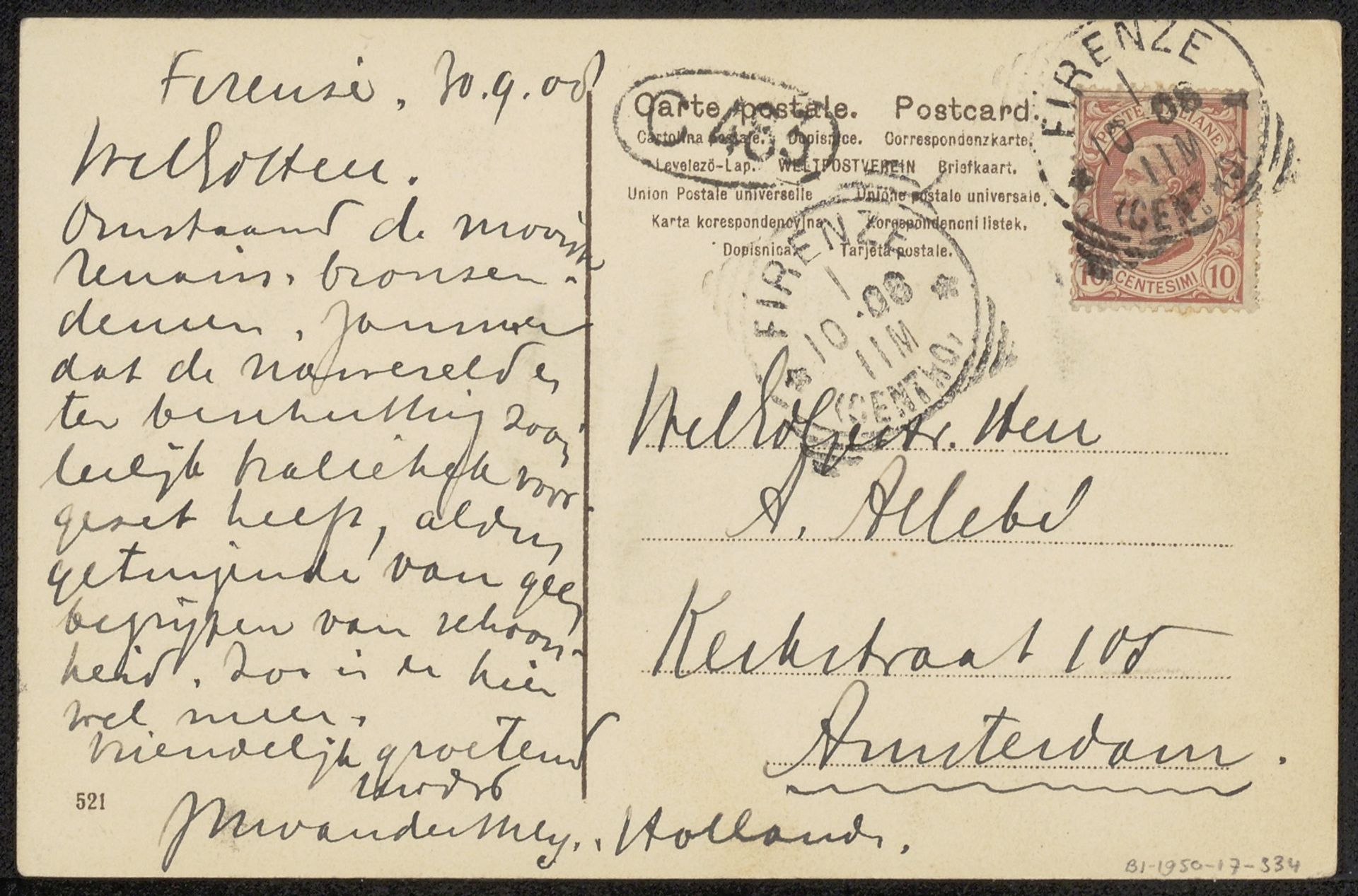 Prentbriefkaart aan August Allebé by Johan Melchior van der Mey