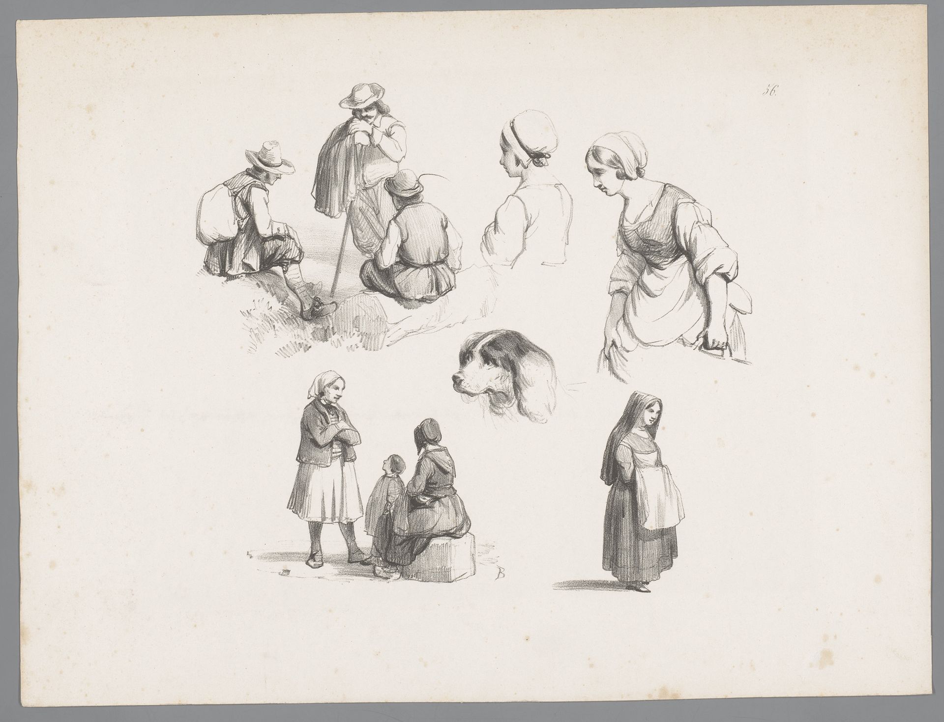 Vijf figuurstudies met onder andere een groep rustende reizigers en een hond by Paulus Lauters