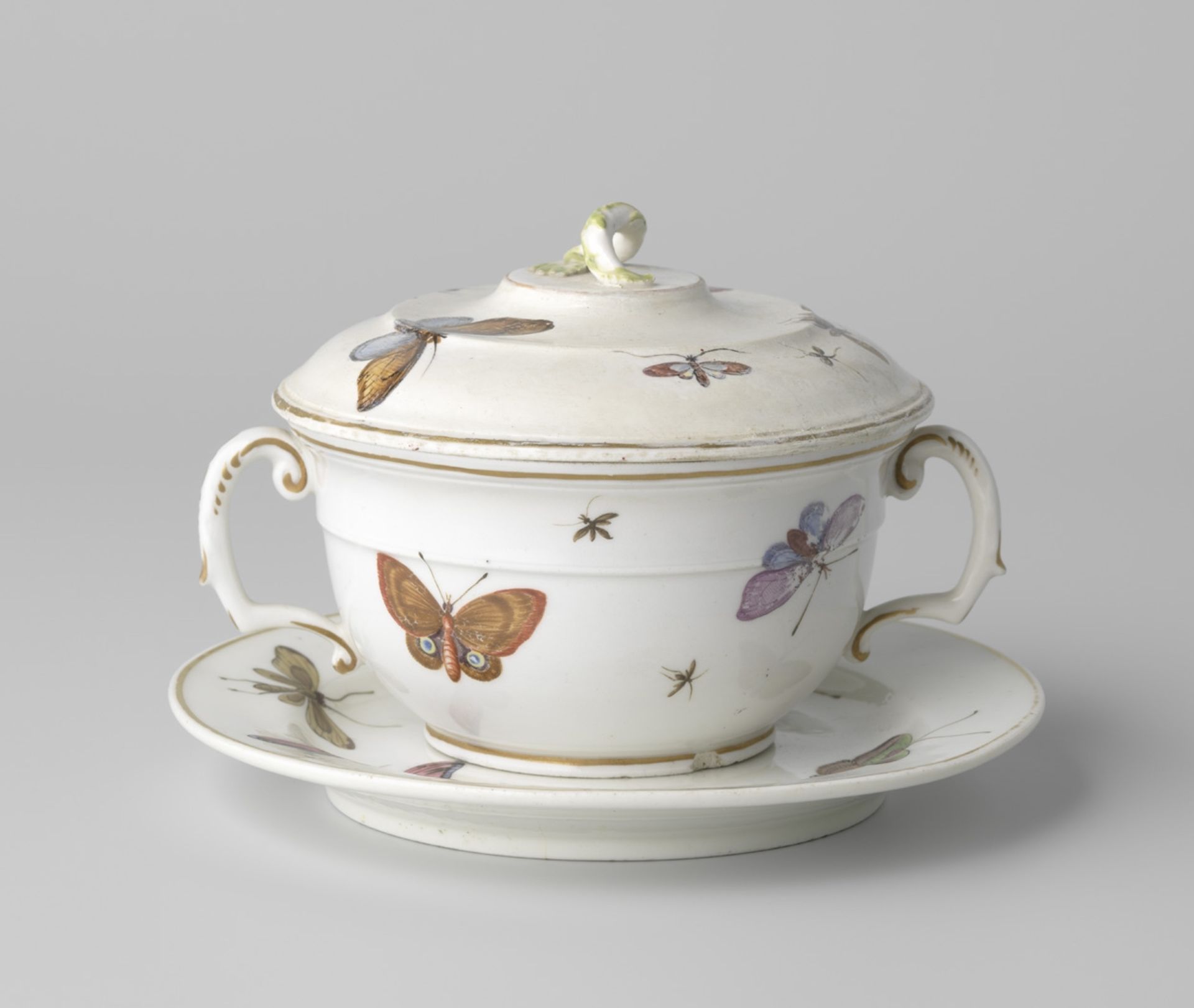 Terrine met onderschotel, beschilderd met vlinders en insecten by Loosdrecht