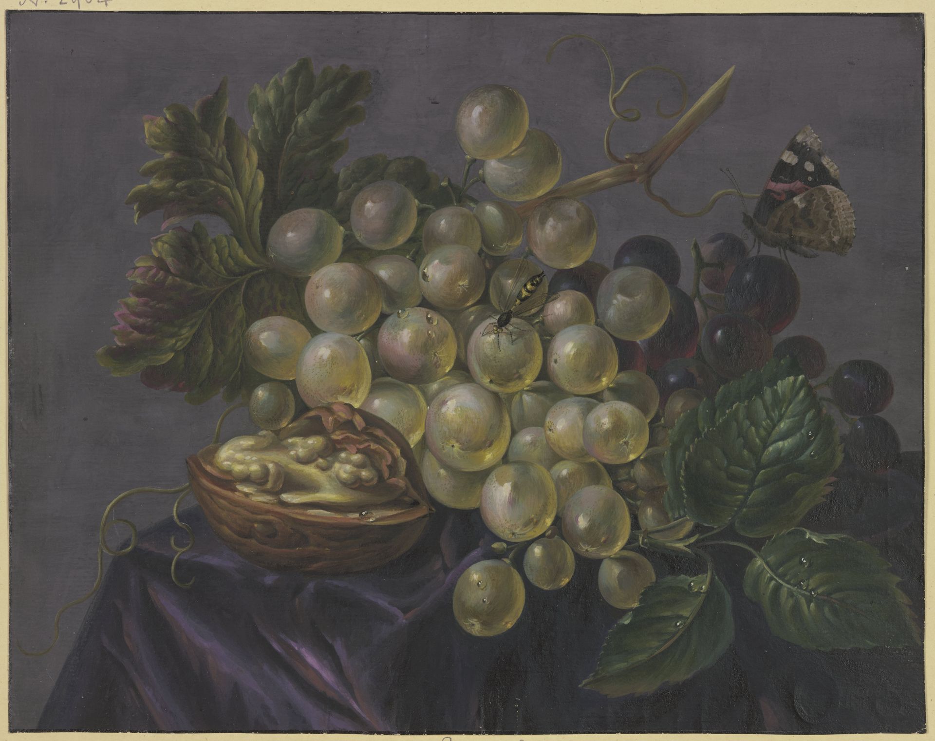 Schmetterling und Wespe bei Trauben by Jacoba Maria van Nickelen