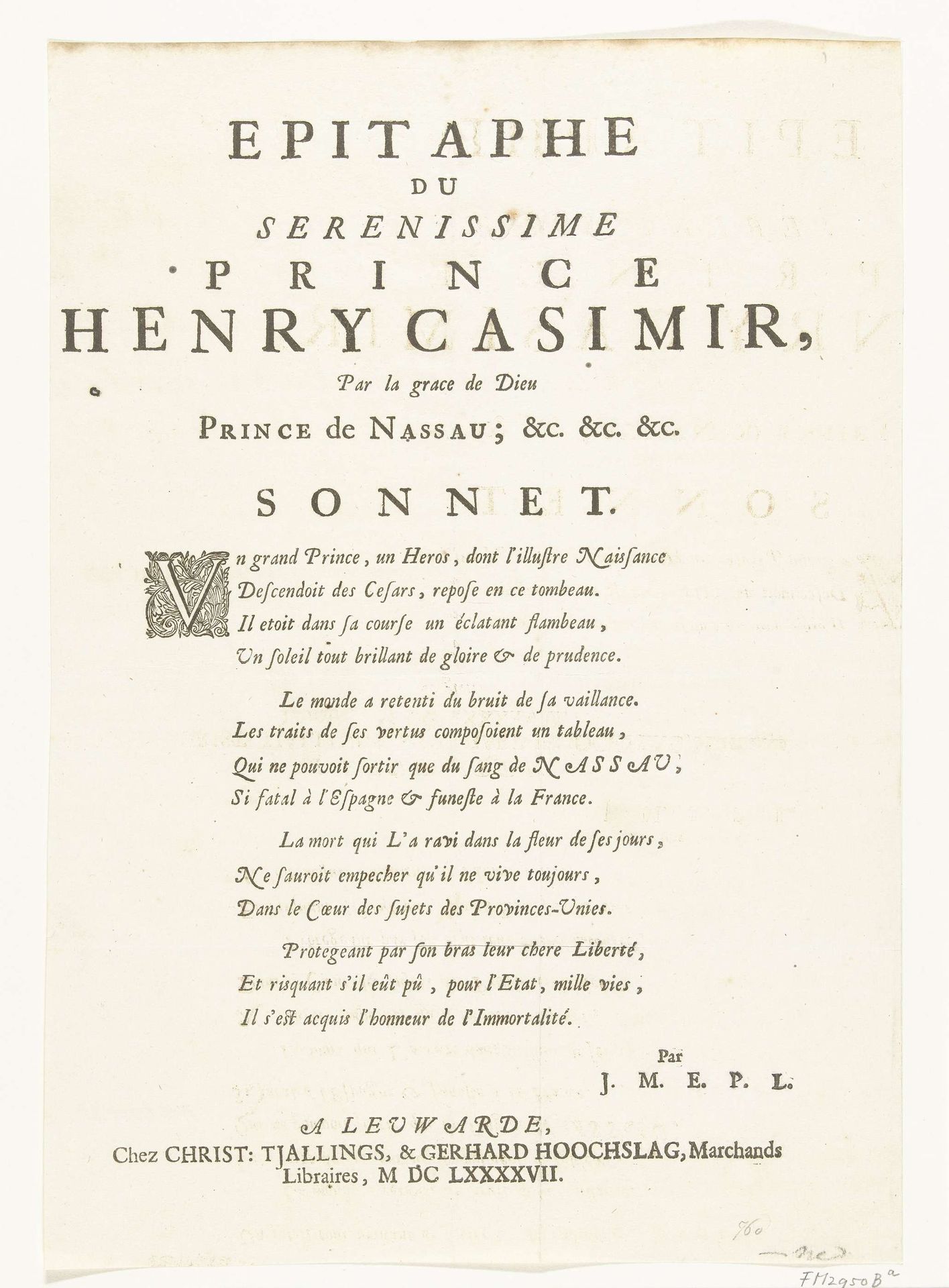 Epitaaf voor Hendrik Casimir II, graaf van Nassau-Dietz, 1697 by Karst Tjallings