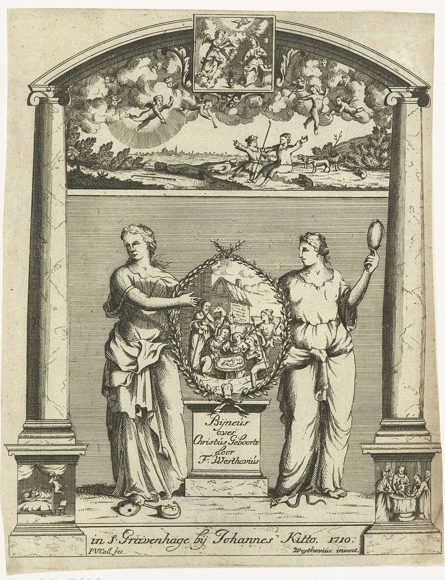 Twee vrouwen tonen een medaillon met de aanbidding door de herders by Pieter van (II) Call
