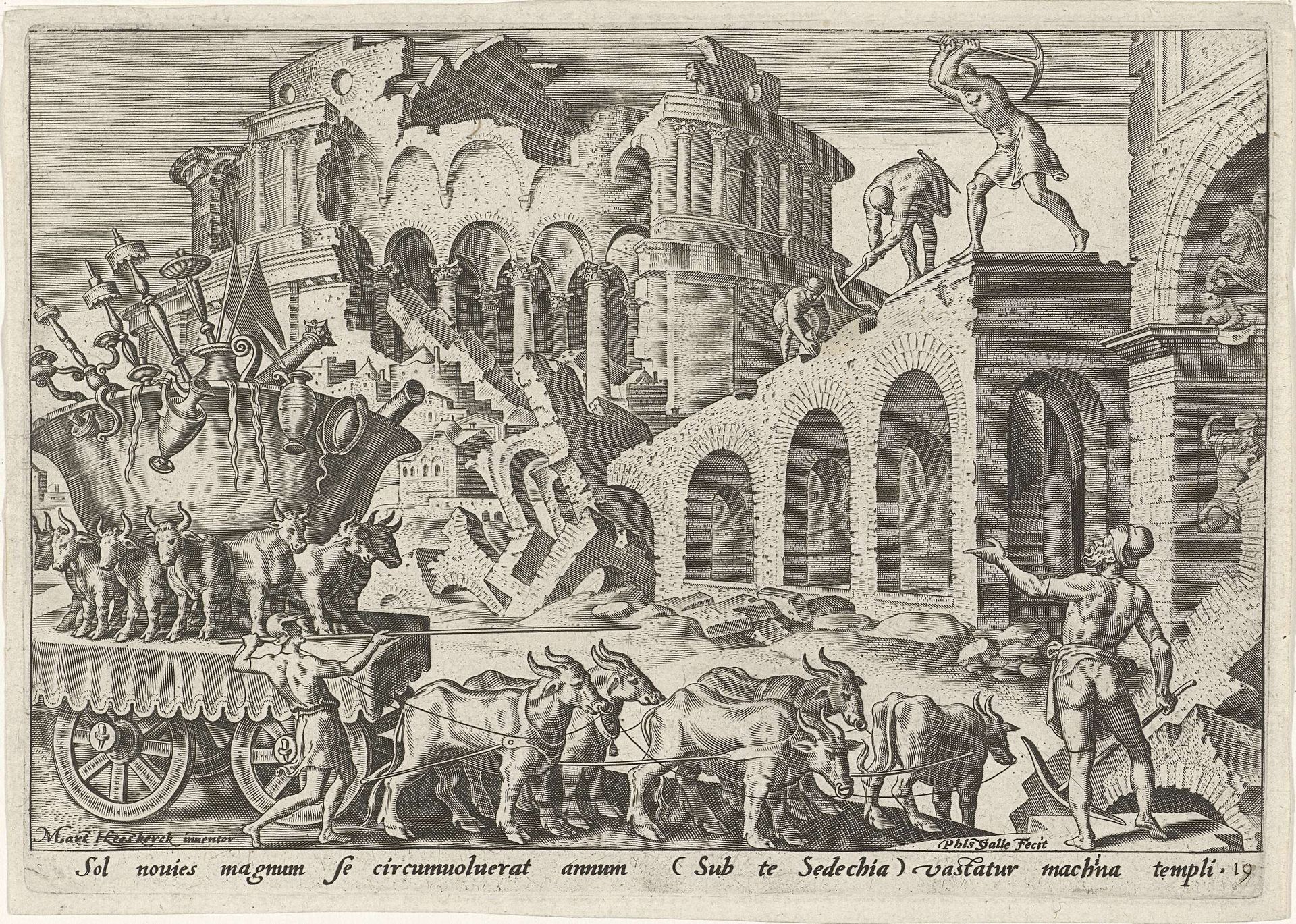 De Chaldeeën plunderen de tempel van Jeruzalem by Philips Galle