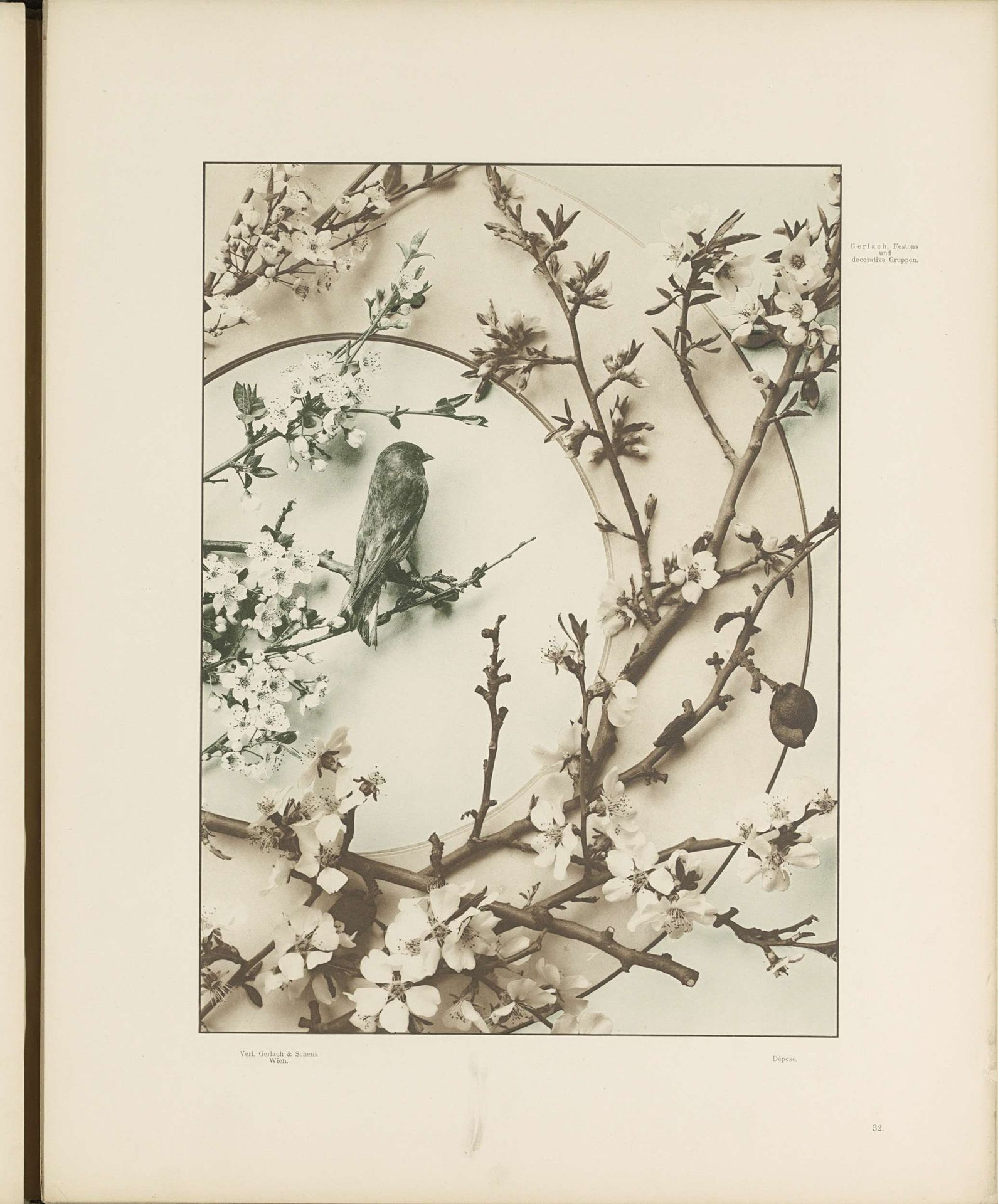 Decoratieve groep met kerspruimen, amandelbloesem en een vogel by Anonymous