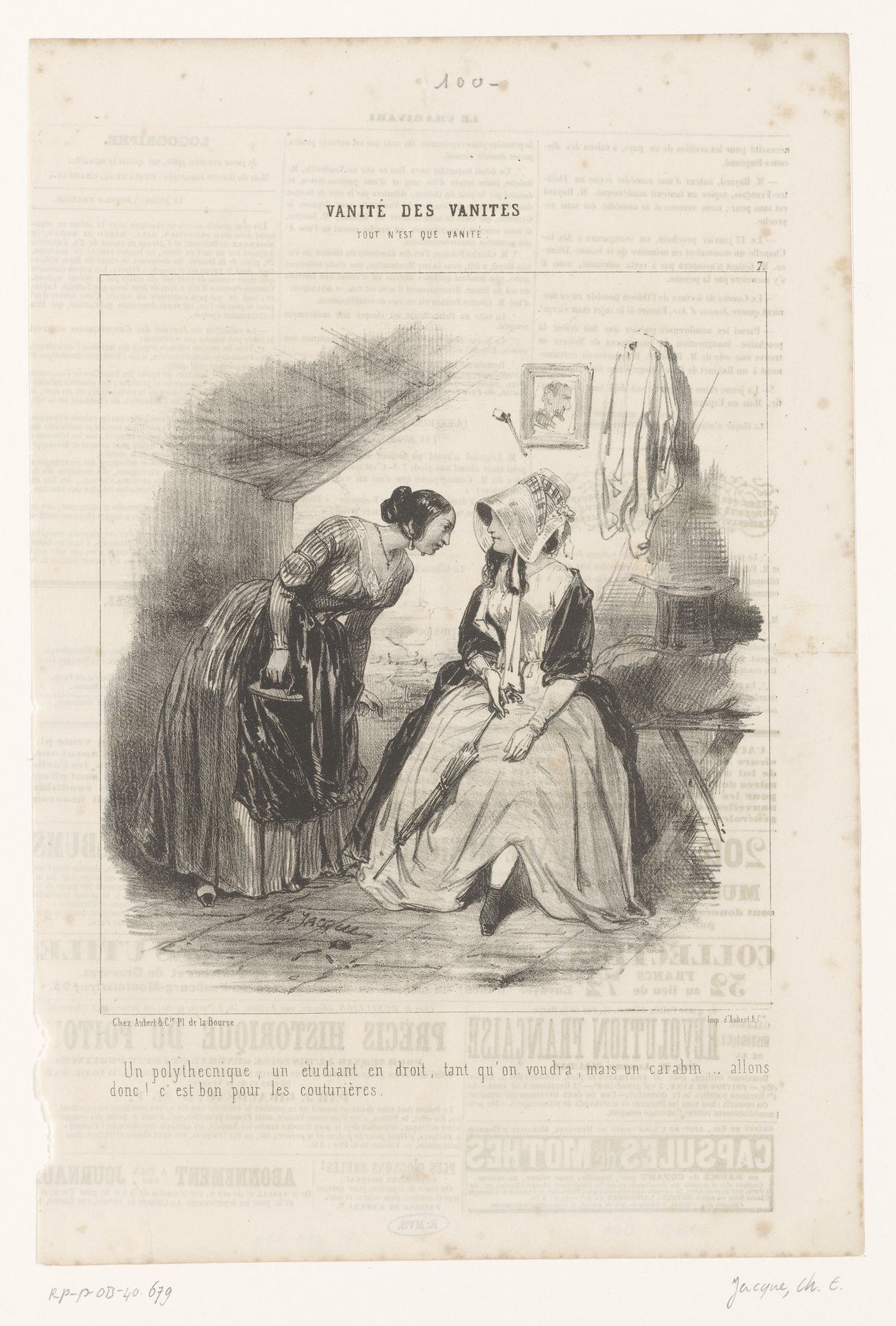 Vrouw bespreekt haar vriend met een naaister by Charles Jacque
