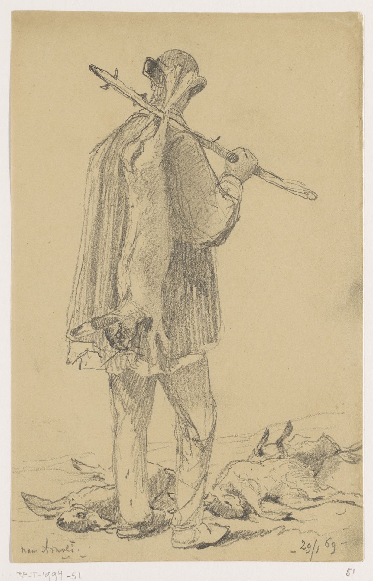 Op de rug geziene man die een haas draagt by Johannes Tavenraat