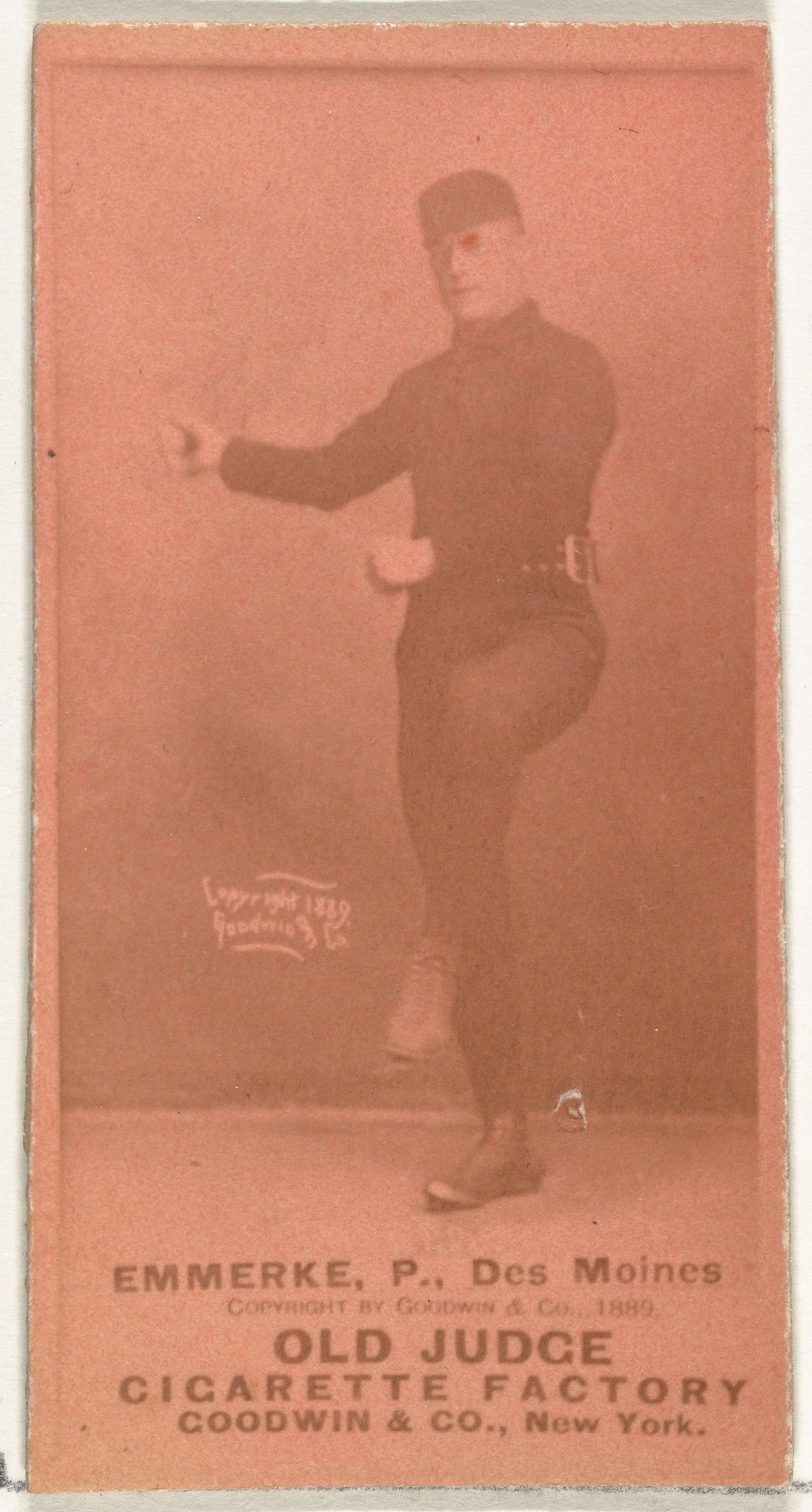Robert Emmerke, Pitcher, Des Moines Prohibitionists, from the Old Judge series (N172) for Old Judge Cigarettes by Goodwin & Company