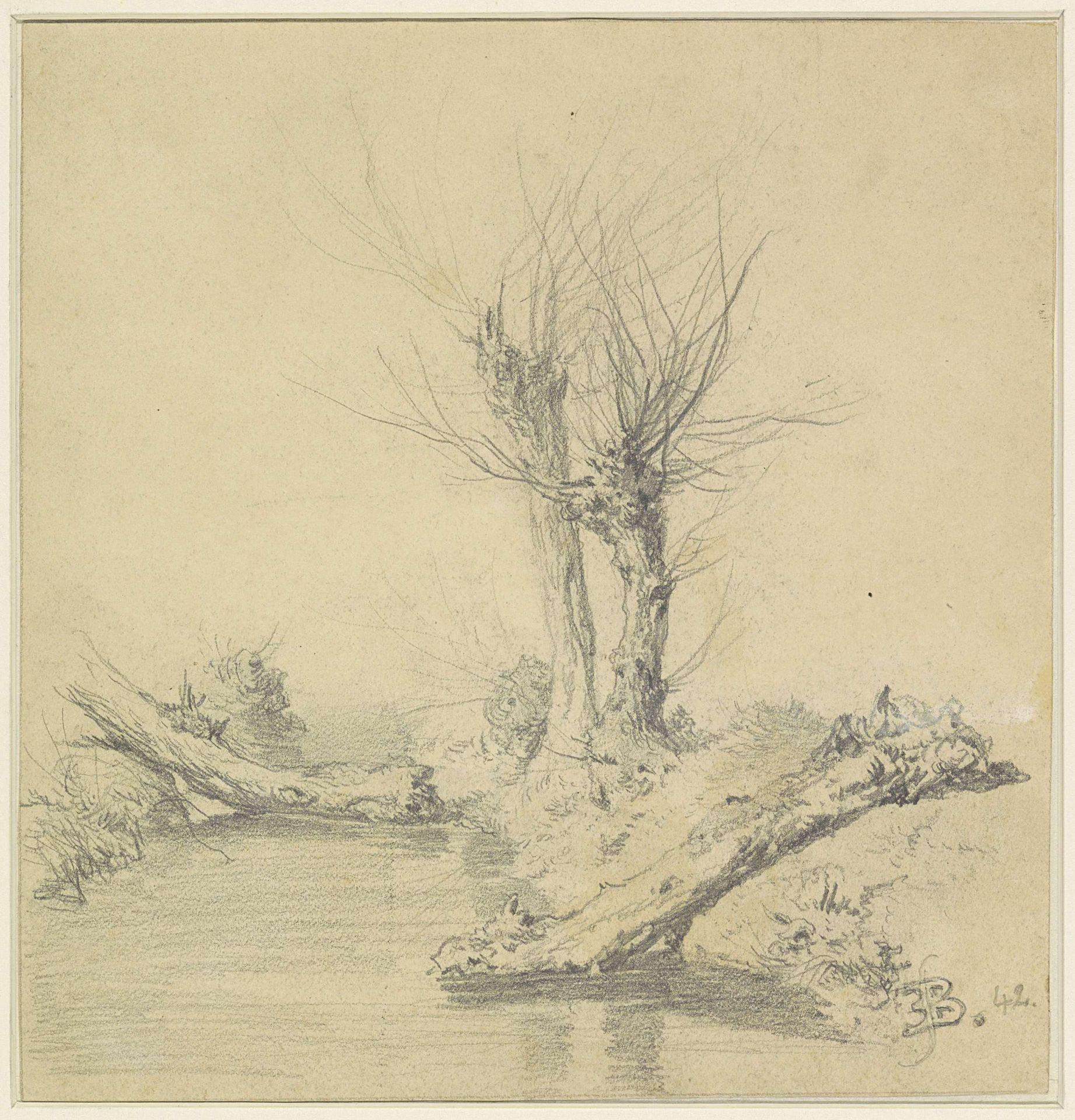 Knotwilgen aan een water by Eugène François de Block