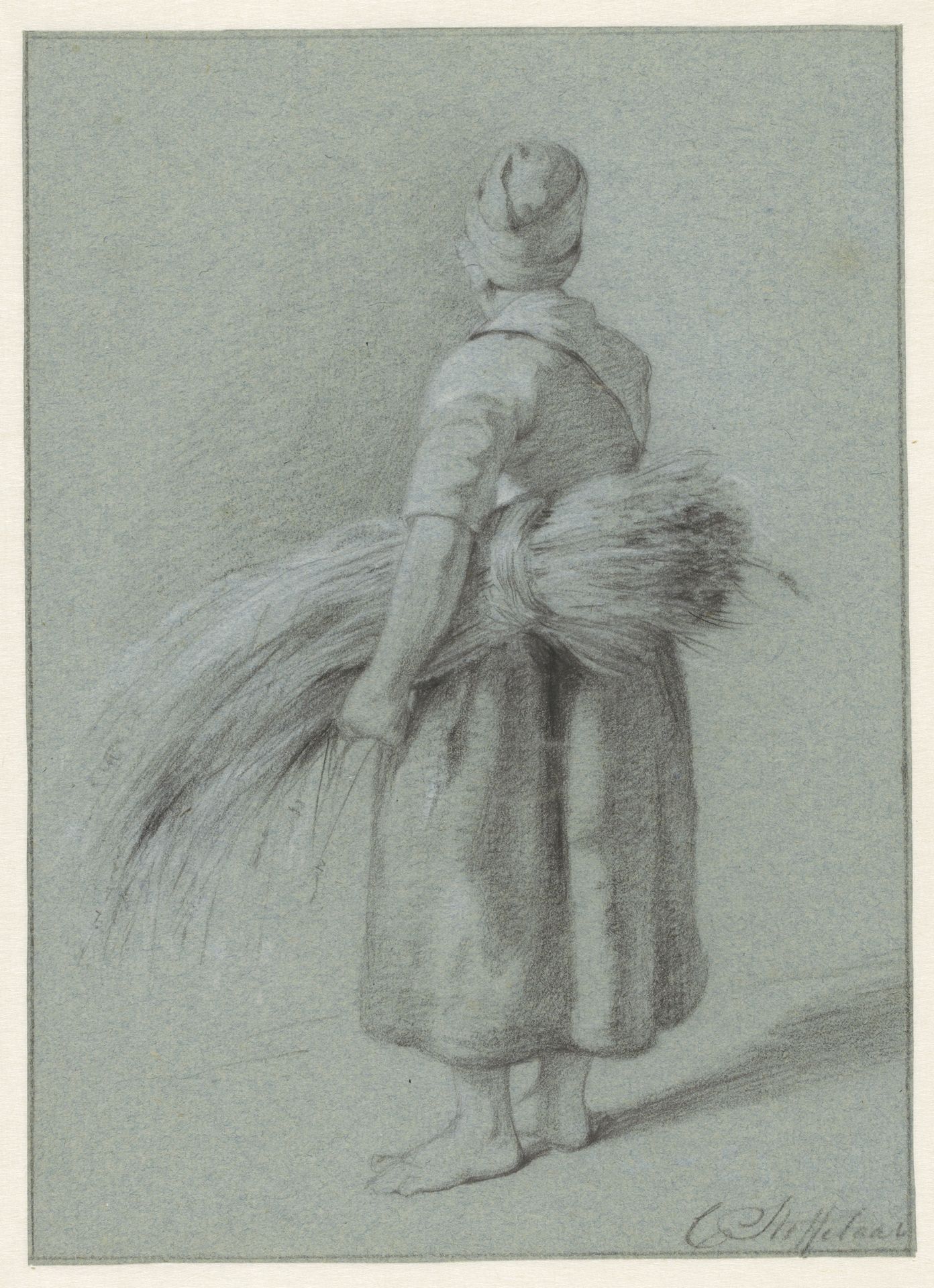 Studie van een staande vrouw met een korenschoof onder de arm by Cornelis Steffelaar