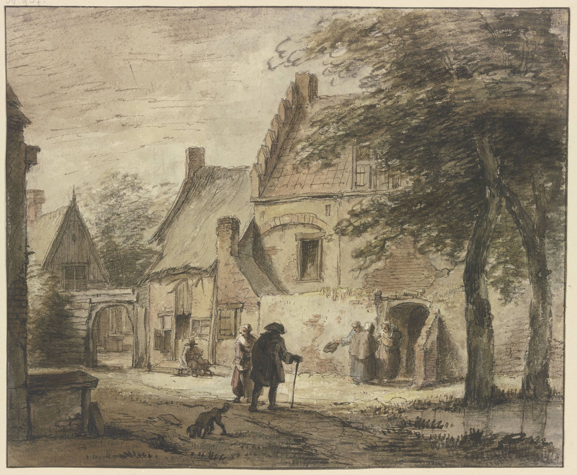 Gehöft mit mehreren Figuren, vorne ein Hund by Jan Hulswit
