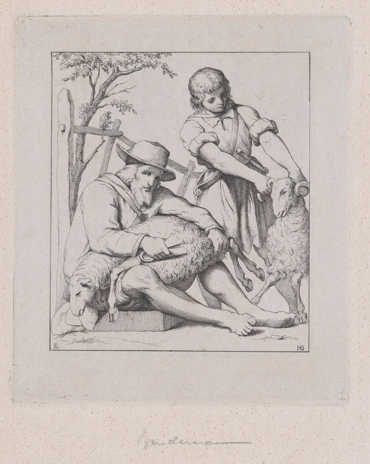 Two men sheep shearing by Eduard Julius Friedrich Bendemann