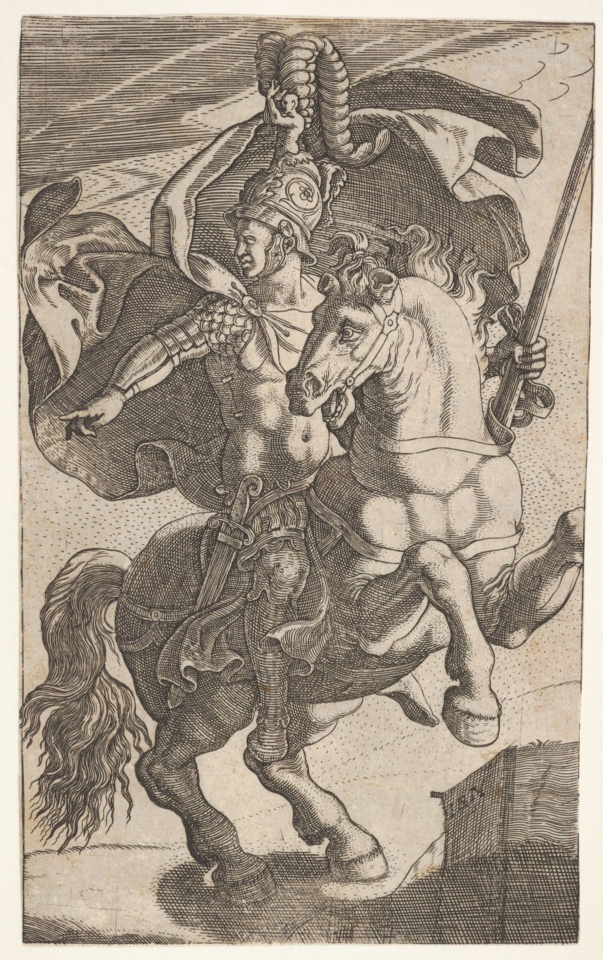 Soldier riding a rearing horse and wearing feathered helmet, cuirass, pteruges, and greaves, the soldier looks and points to his right by Giovanni Battista Scultori