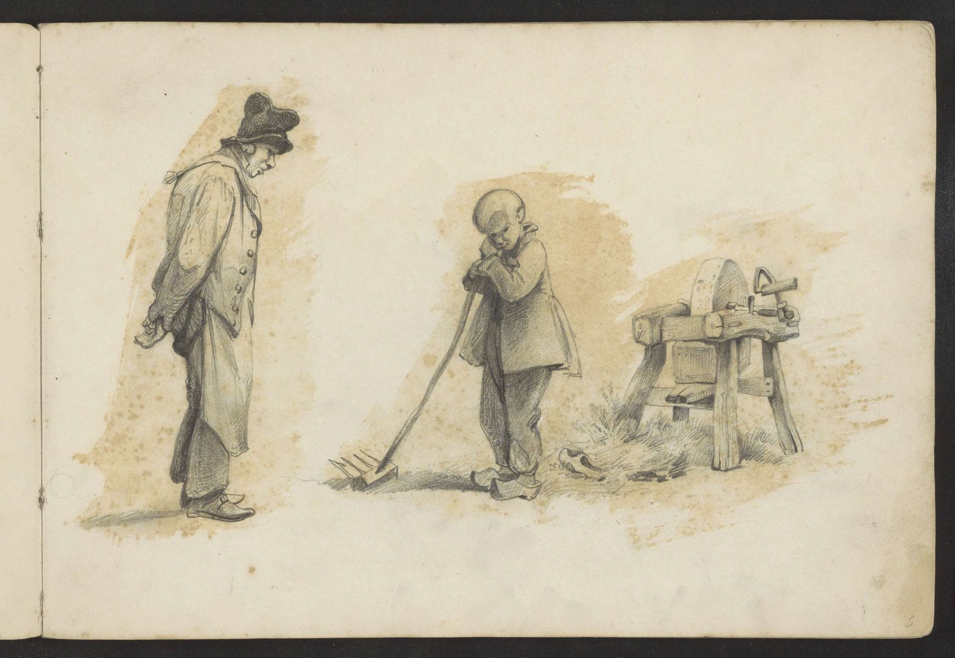 Man met een hoge hoed, jongen met een hark en een slijpmachine by Johannes Tavenraat