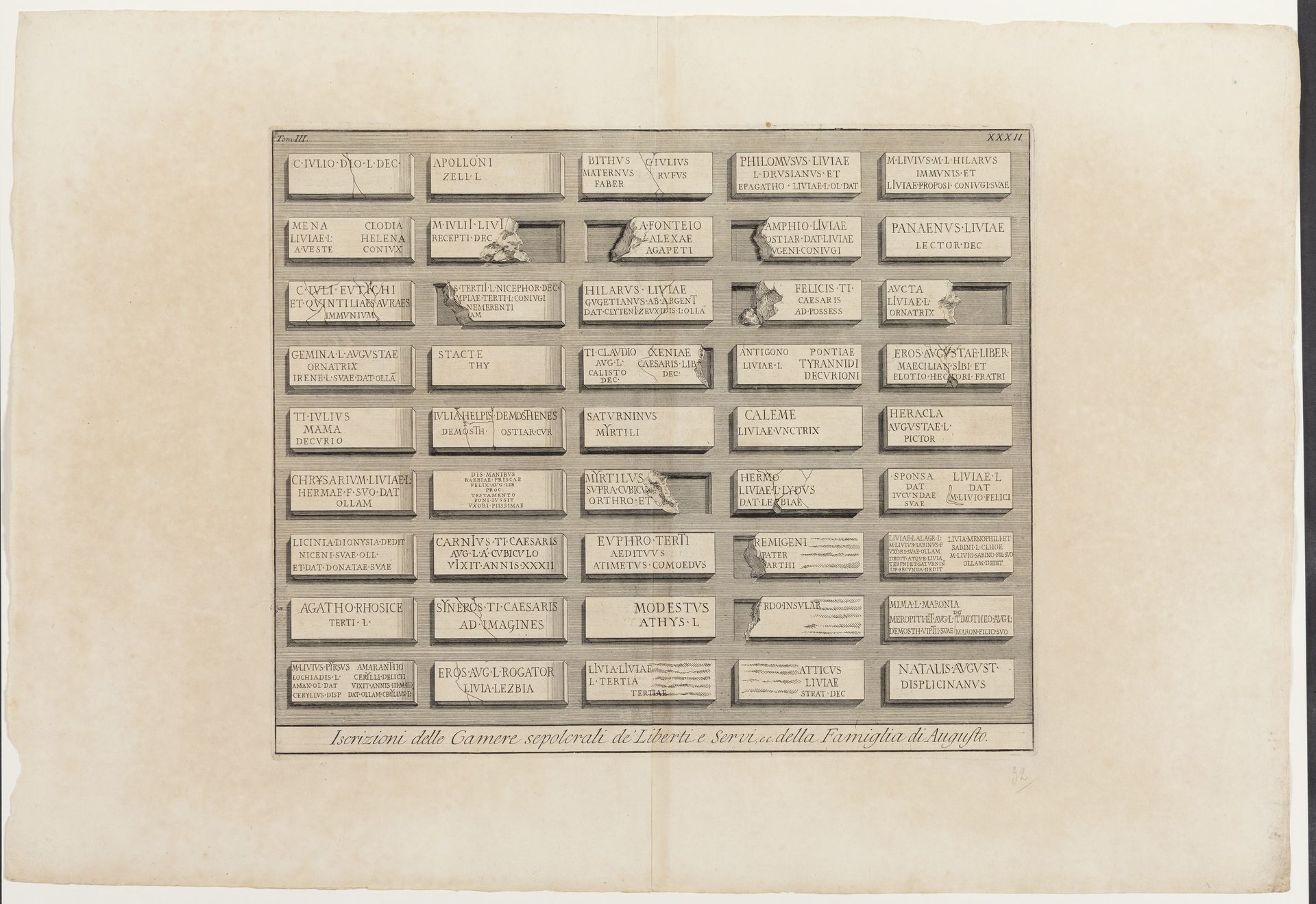 Iscrizioni delle Camere sepolcrali de' Liberti e Servi, ec. della Famiglia di Augusto, XXXII by Giovanni Battista Piranesi