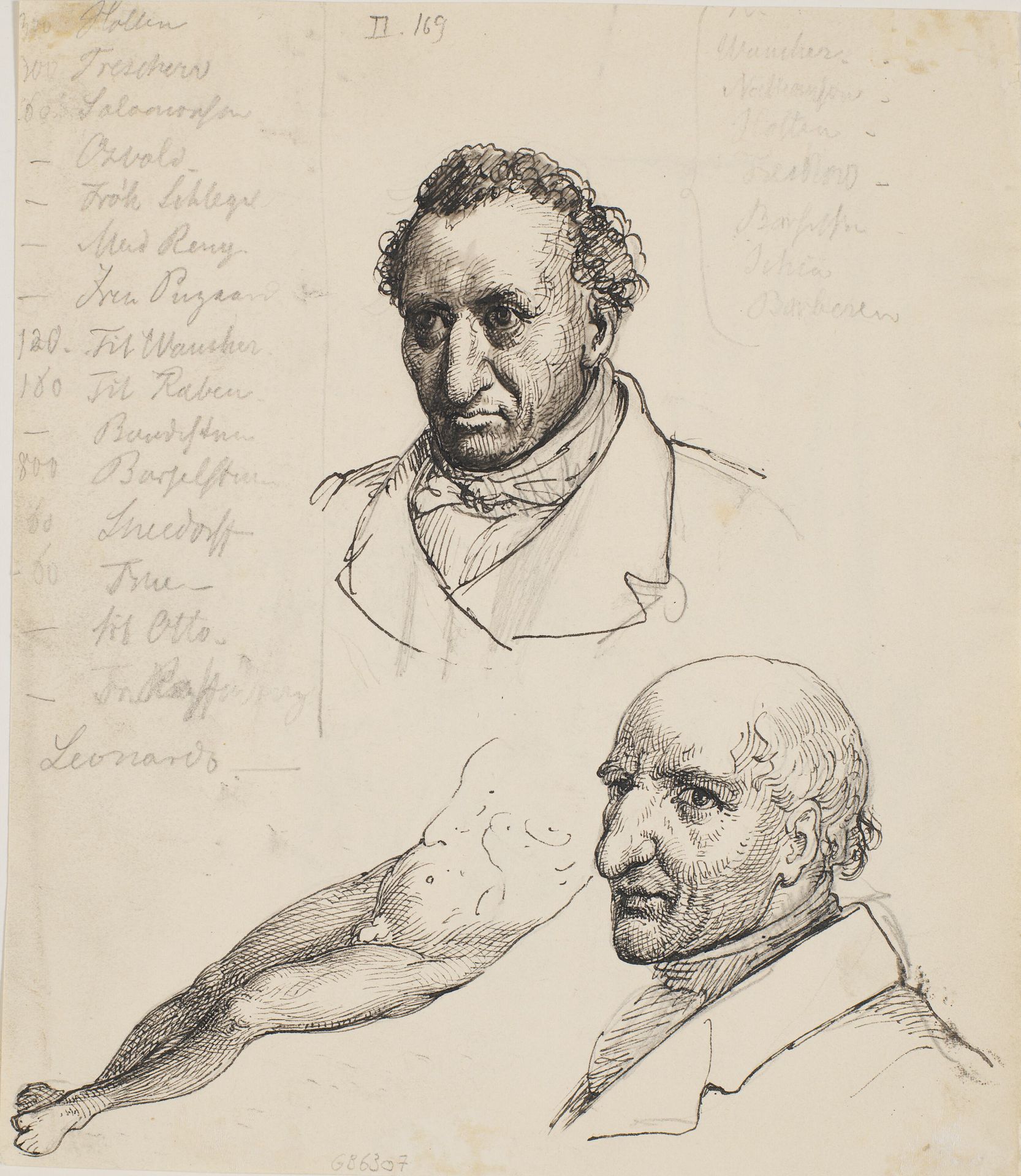 To studiehoveder og underkrop og ben af mandlig model. Navneliste by Wilhelm Marstrand