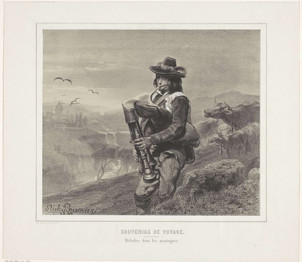 Doedelzak spelende man in de bergen