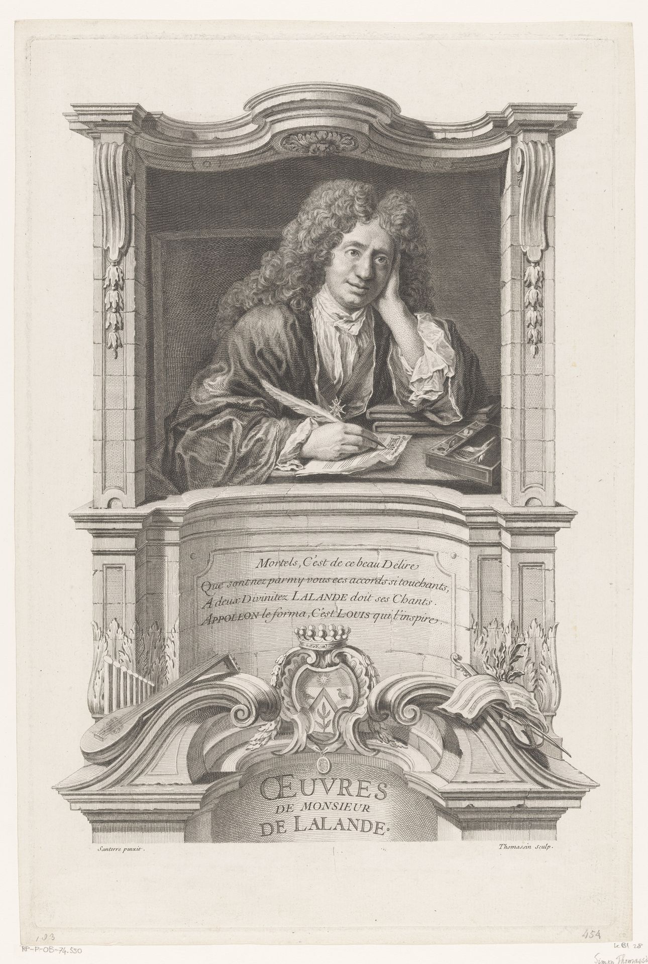 Portret van Michel-Richard Delalande in een architecturale lijst met muziekinstrumenten by Simon Thomassin