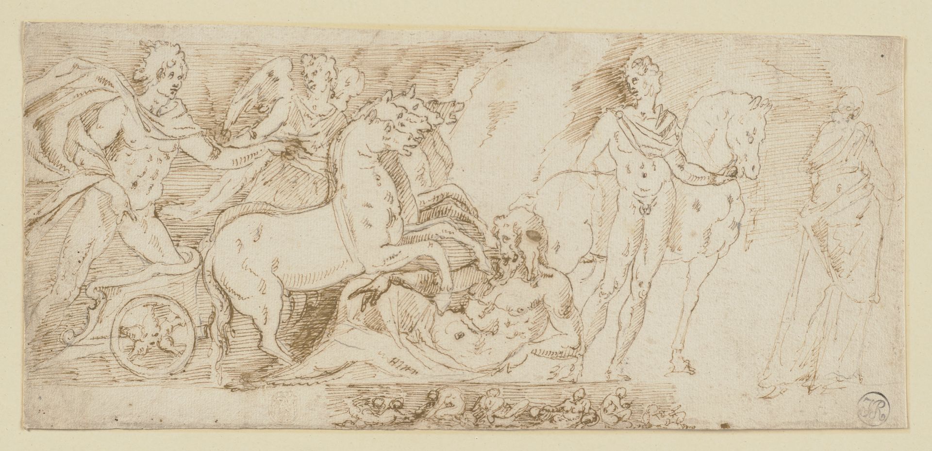Aus den Mysterien von Eleusis (_), Apollo im vierspännigen Sonnenwagen, begleitet von Aurora, vor ihm ein liegender Flußgott (Ilisos_) sowie ein den Pilos tragender Dioskur (Pollux_) mit Pferd, desweiteren eine weibliche Gewandfigur (Demeter_), darunt... by Jacopo Pontormo