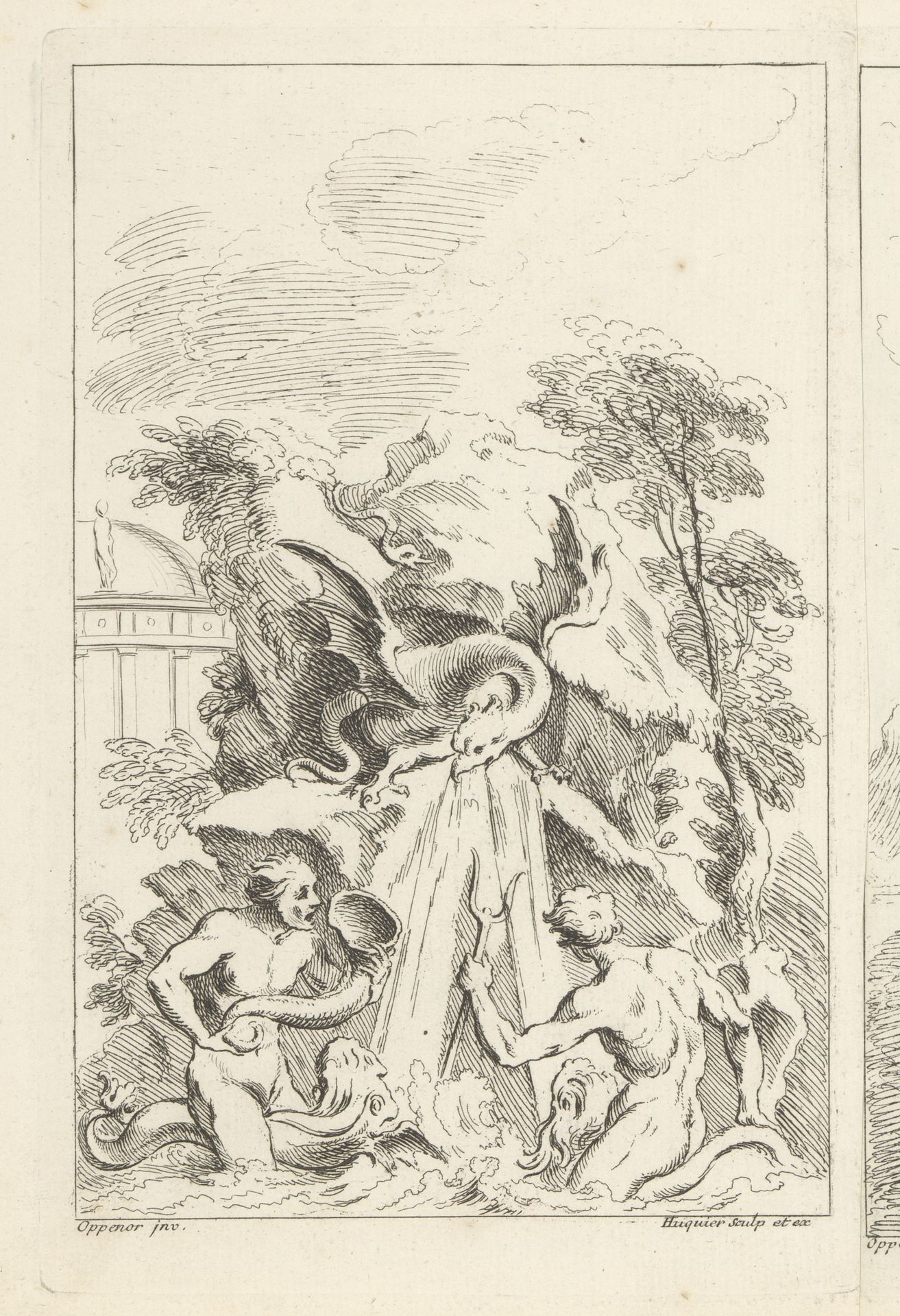 Ontwerp voor een fontein met een waterspuwende draak boven twee figuren op dolfijnen by Gabriel Huquier
