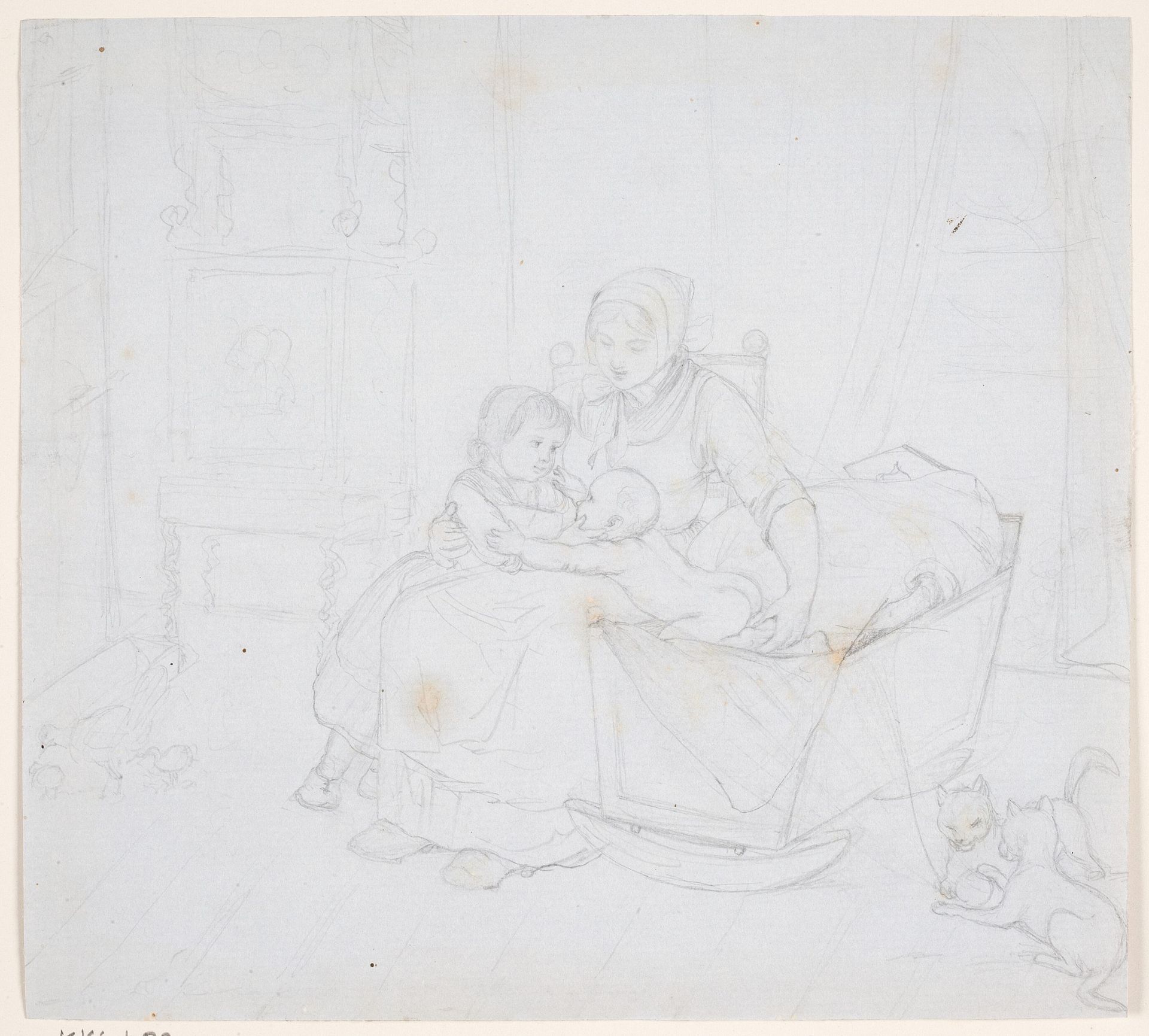 Anne med to børn, t.h. to katte by Elisabeth Jerichau Baumann