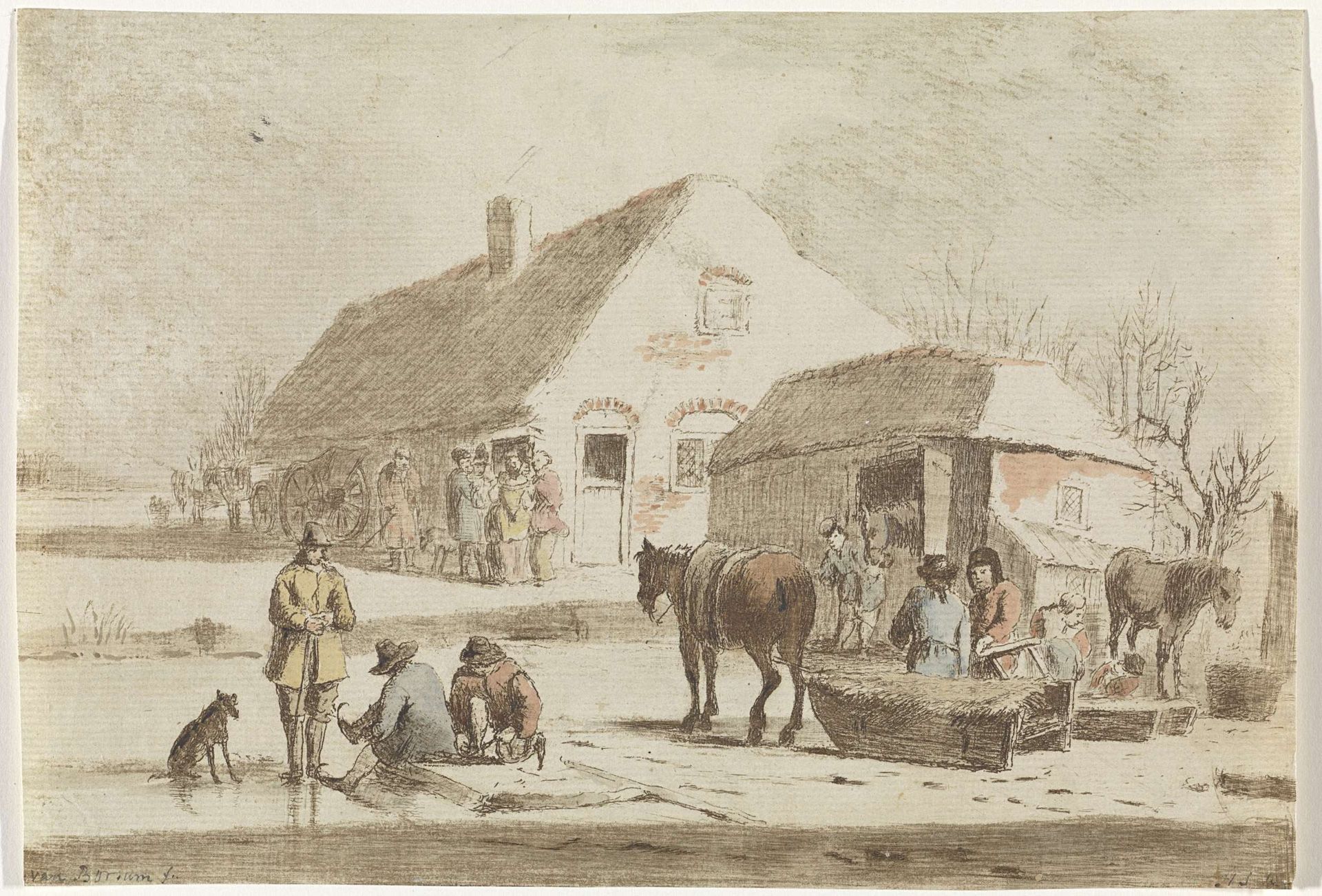 Schaatsenrijders en een slede bij een boerderij by Hendrik Spilman