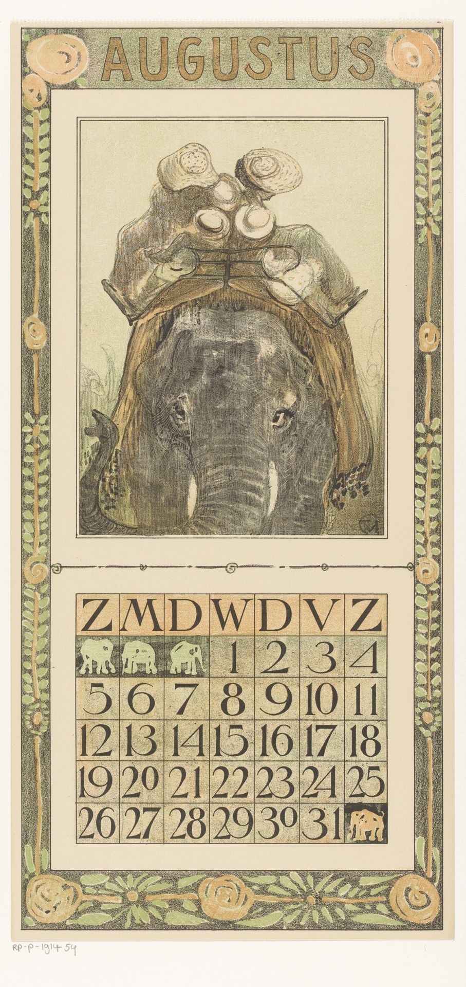 Kalenderblad augustus met olifant by Theo van Hoytema