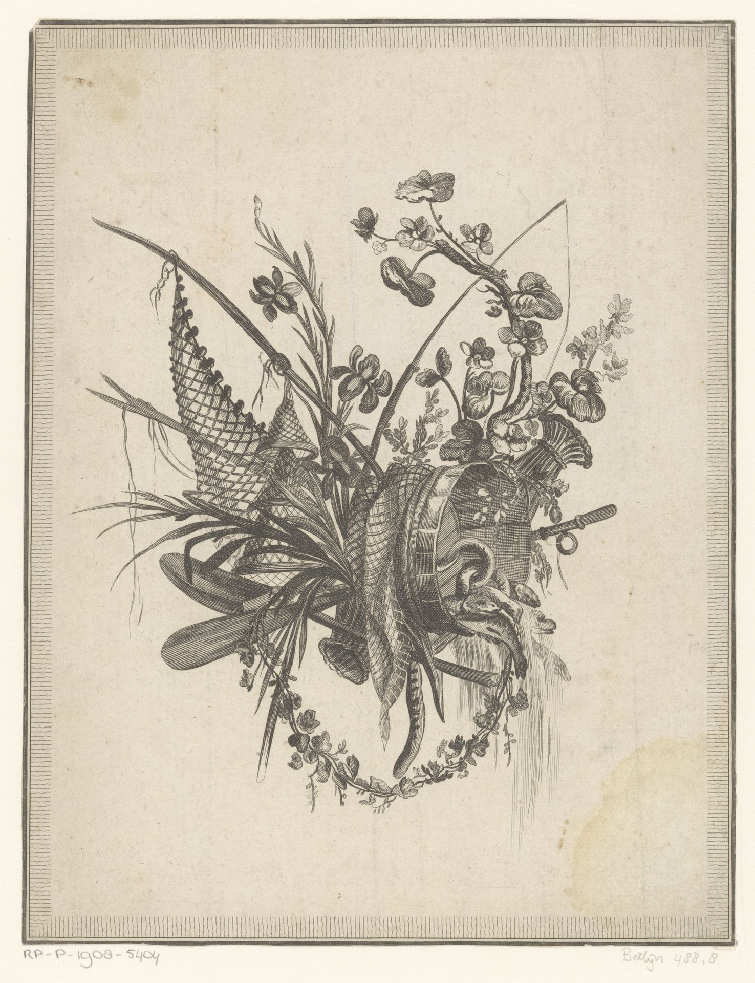 Trofee met vissersattributen by Etienne Claude Voysard