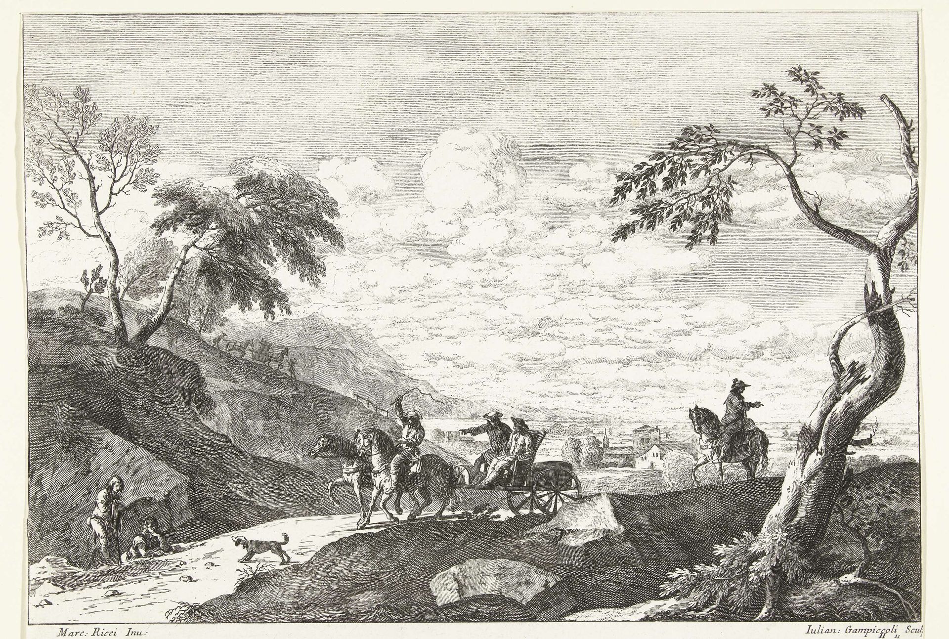 Heuvellandschap met twee mannen in rijtuig by Giuliano Giampiccoli