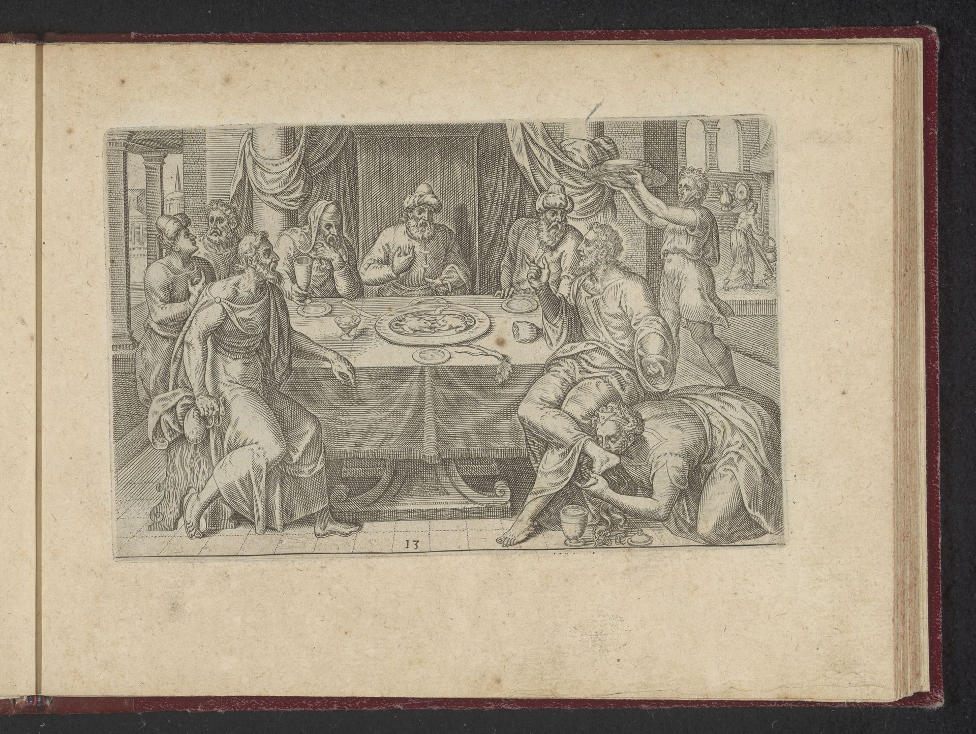 Maria Magdalena zalft de voeten van Christus by Philips Galle