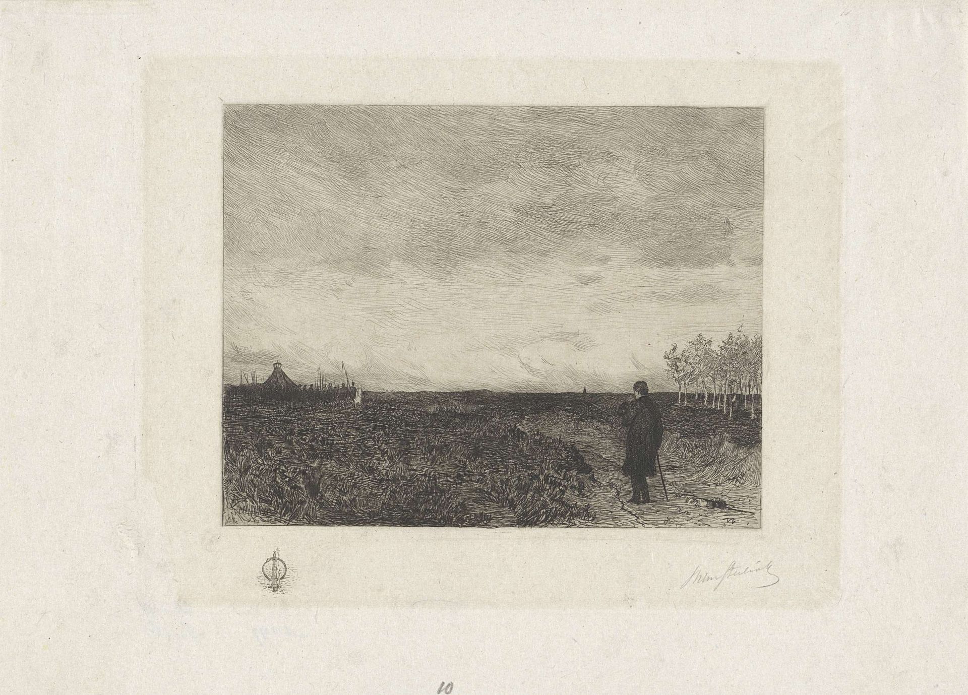 Vlak landschap met een man met wandelstok by Willem (II) Steelink