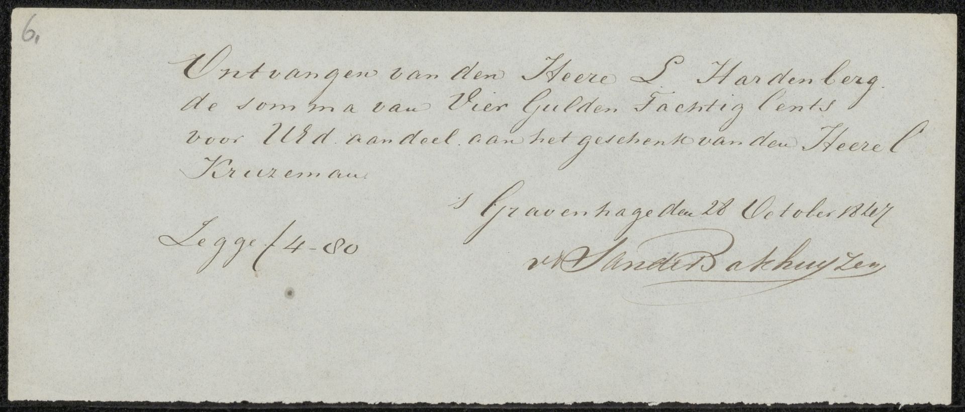 Ontvangstbewijs aan Lambertus Hardenberg (1822-1900) by Hendrikus van de Sande Bakhuyzen