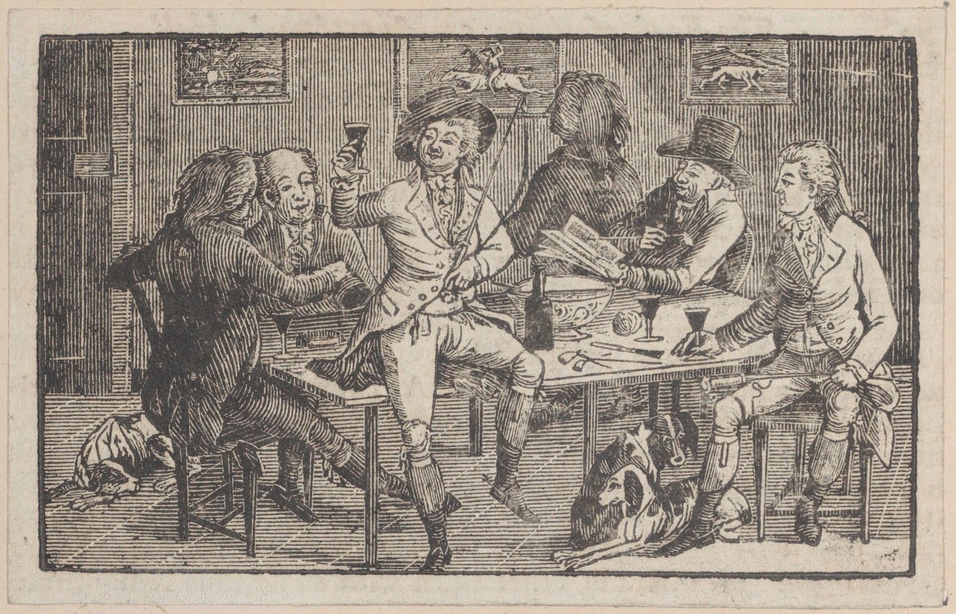 Men seated around a punch bowl, with a hunter offering a toast by Thomas Bewick