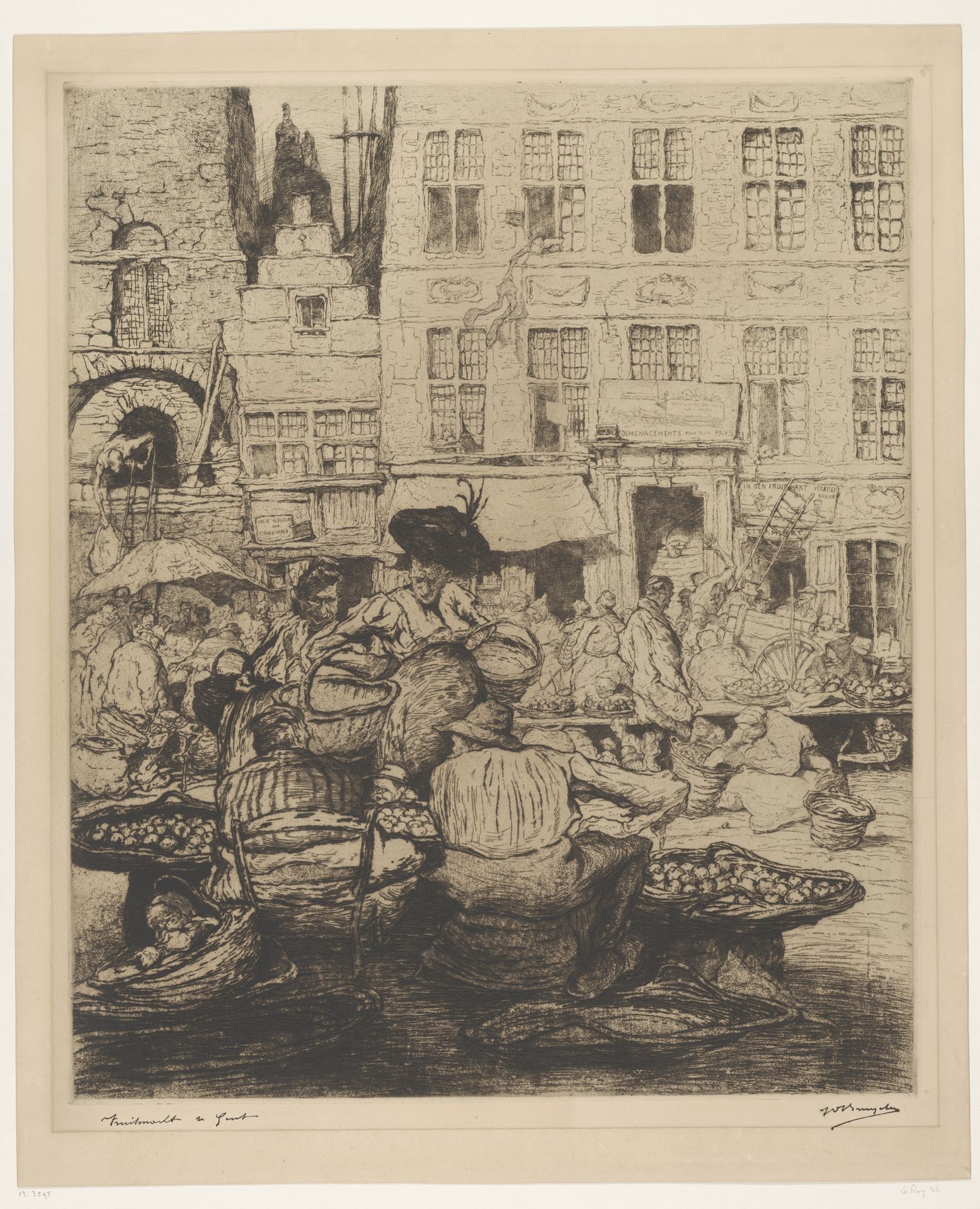 Stadsgezicht met fruitmarkt in Gent by Jules de Bruycker