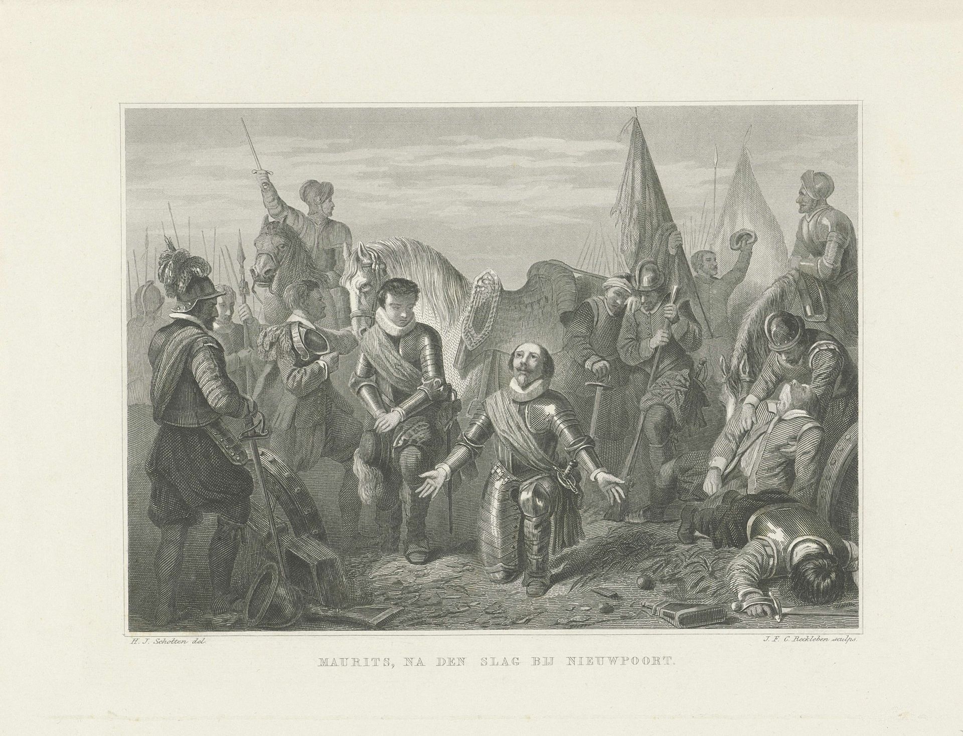Maurits knielt na de overwinning bij de slag bij Nieuwpoort, 1600 by Jan Frederik Christiaan Reckleben
