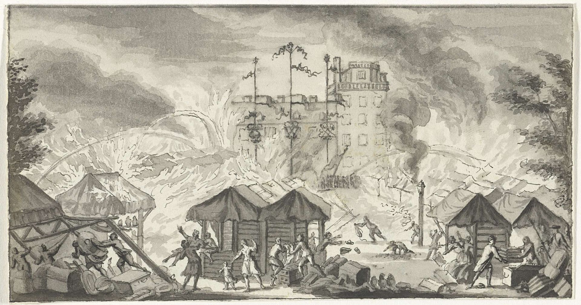 Brand in de kermiskramen op het Buitenhof te Den Haag, 1758 by Caspar Jacobsz. Philips