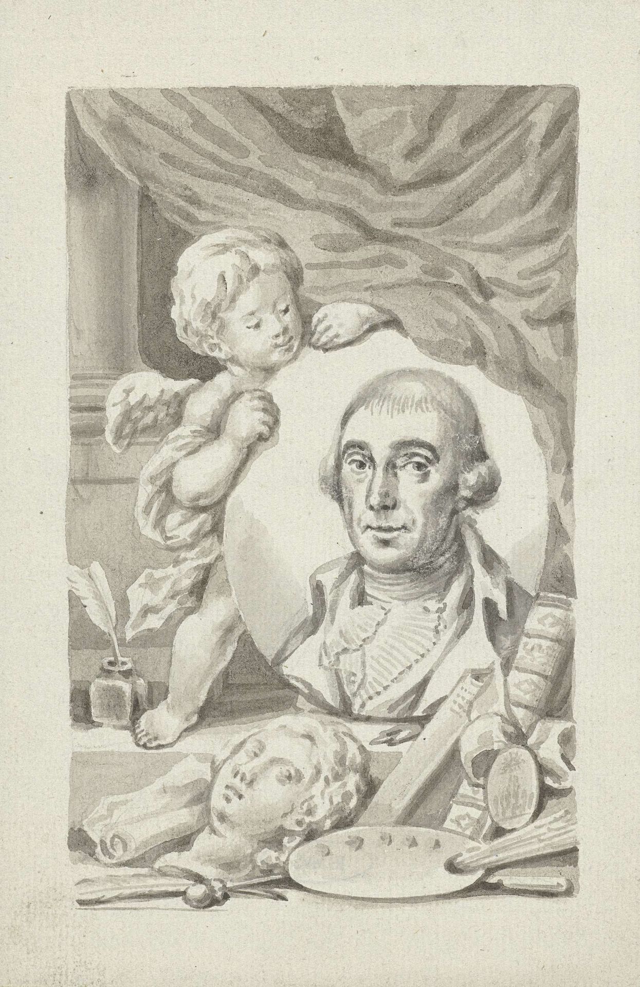 Putto met portretmedaillon van een kunstenaar by Roeland van Eynden