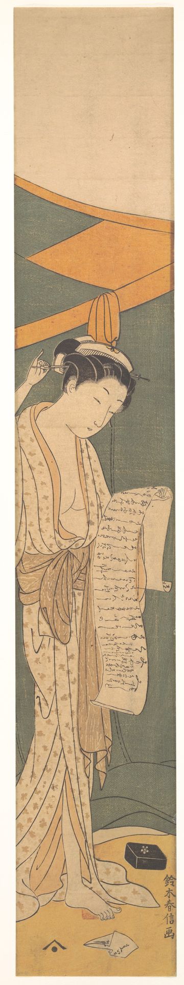 Woman in Night Robe Reading a Letter by Suzuki Harunobu 鈴木春信