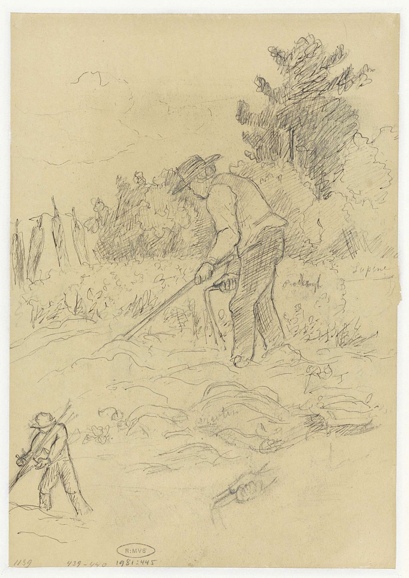 Boer op het land en schets van een boer en hand by Jozef Israëls