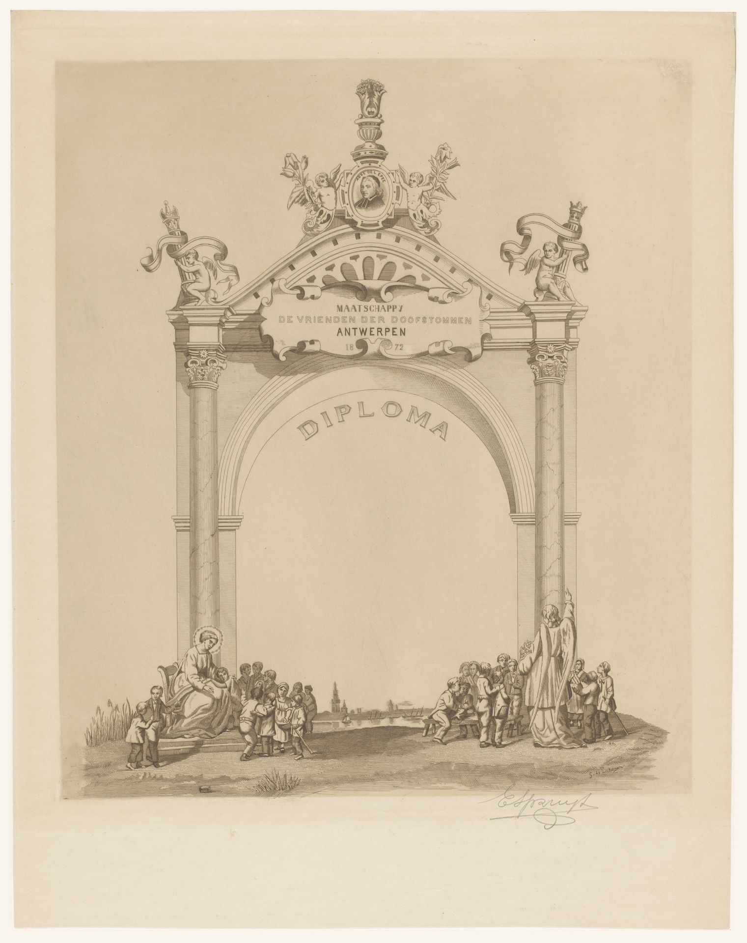 Diploma van Maatschappij de Vrienden der Doofstommen te Antwerpen met bovenaan een portret van Charles Michel de l'Epee by Emile Pierre Maria Spruyt